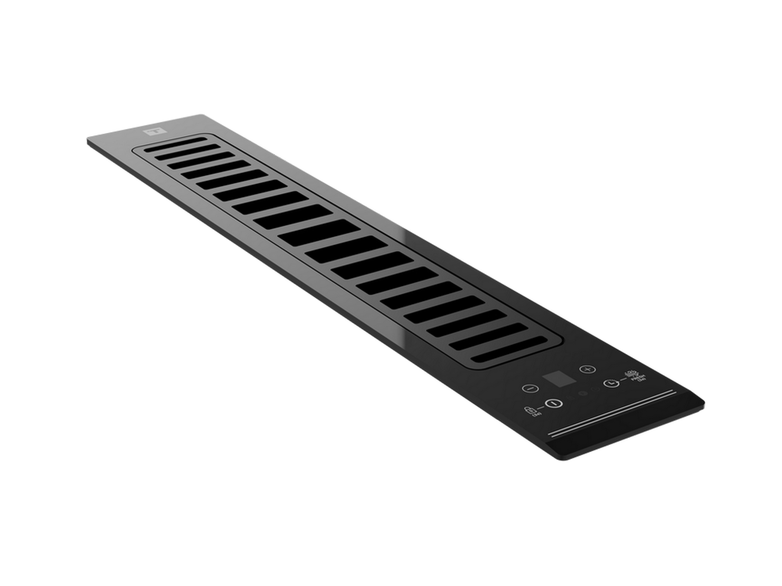 Panel de control negro para una campana con una ventilación larga y controles táctiles.