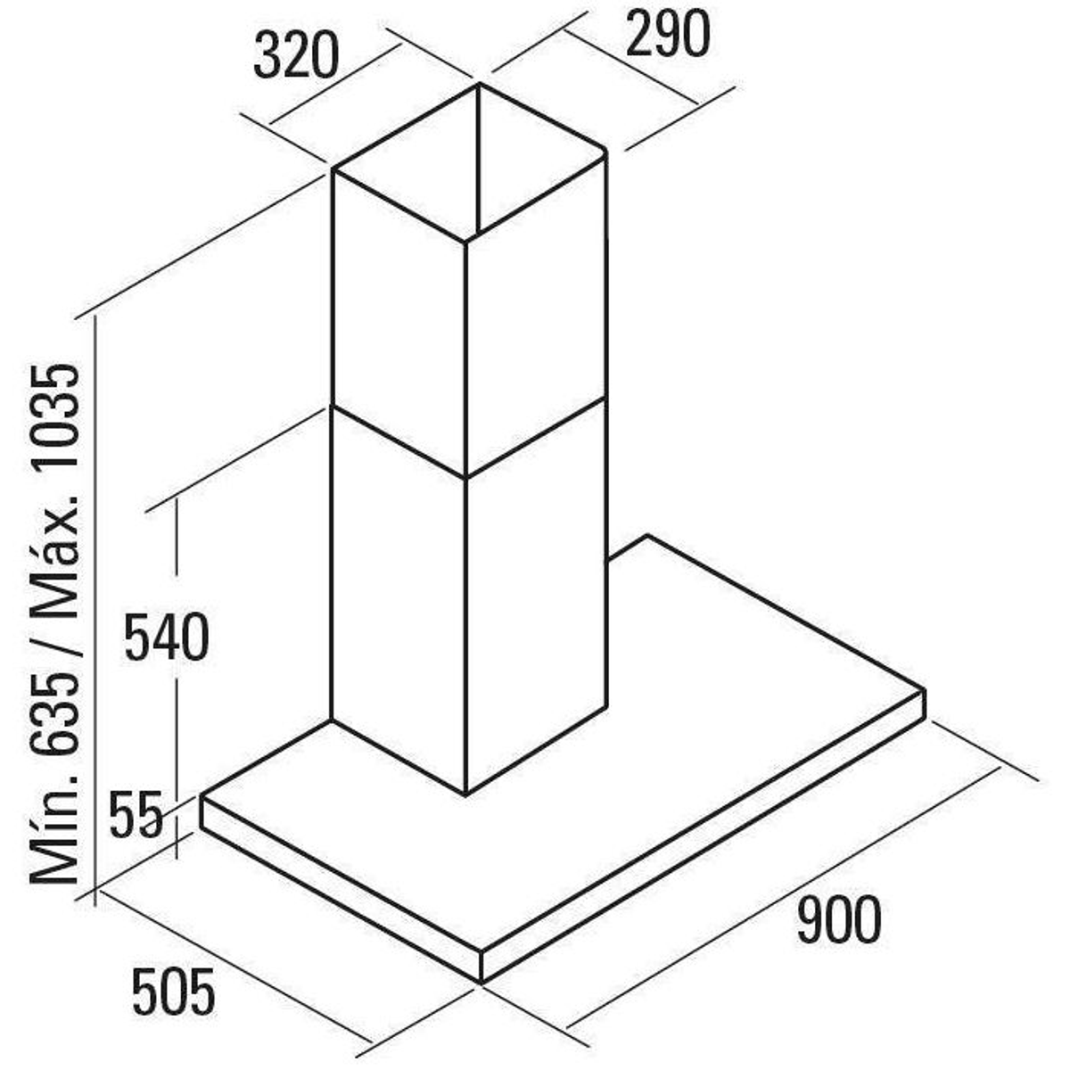 Dibujo técnico de una campana extractora. Muestra dimensiones y contornos del producto.