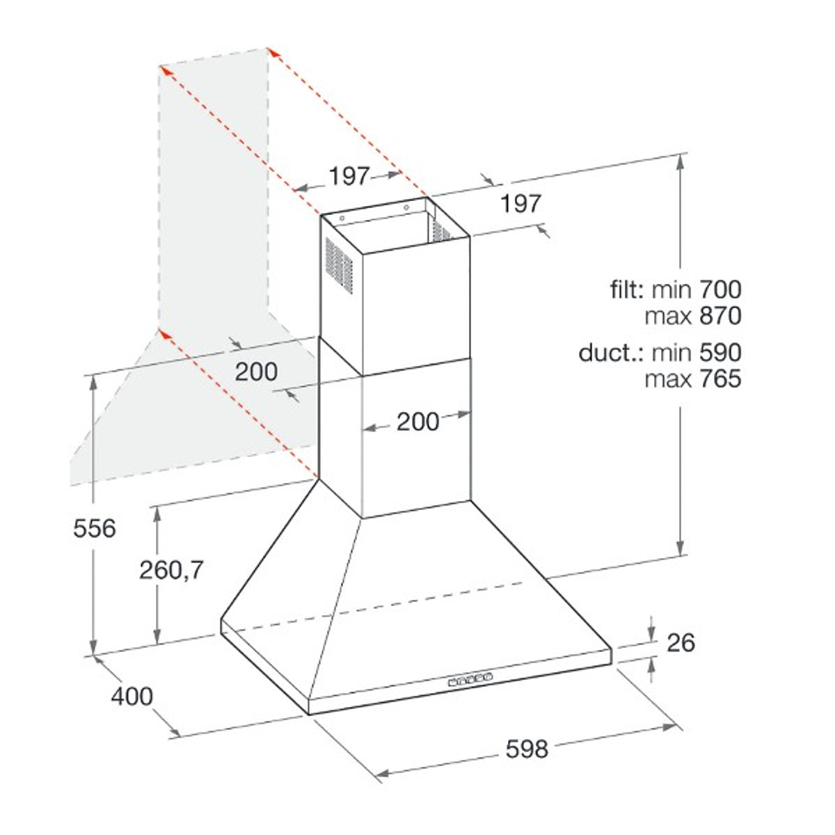 Diagramma di una cappa aspirante. Mostra dimensioni, angoli e un design conico.