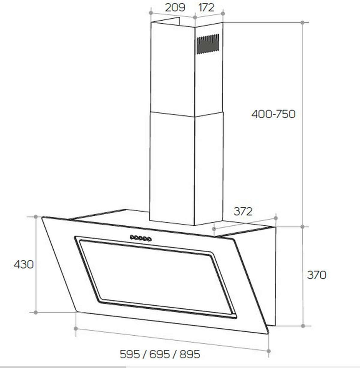 Disegno tecnico di una cappa da cucina con dimensioni. Il marchio non è visibile.