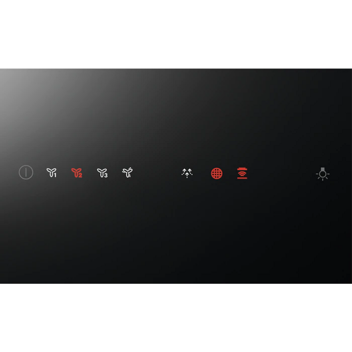 Panel de control negro con iconos para electrodoméstico, iluminados en rojo.
