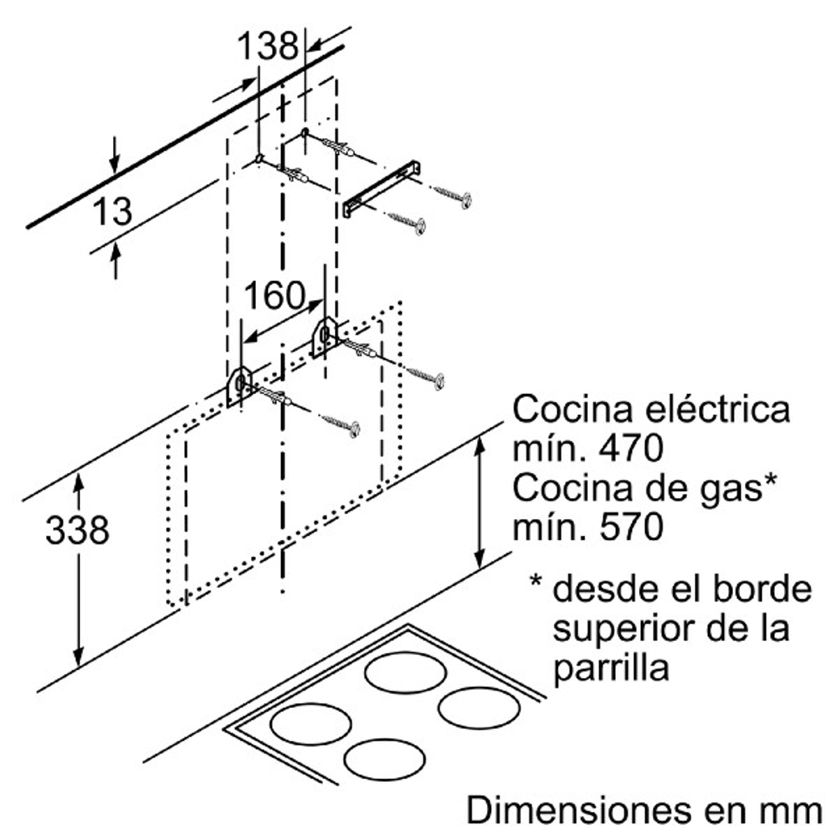 Dibujo técnico mostrando dimensiones de instalación para una placa.