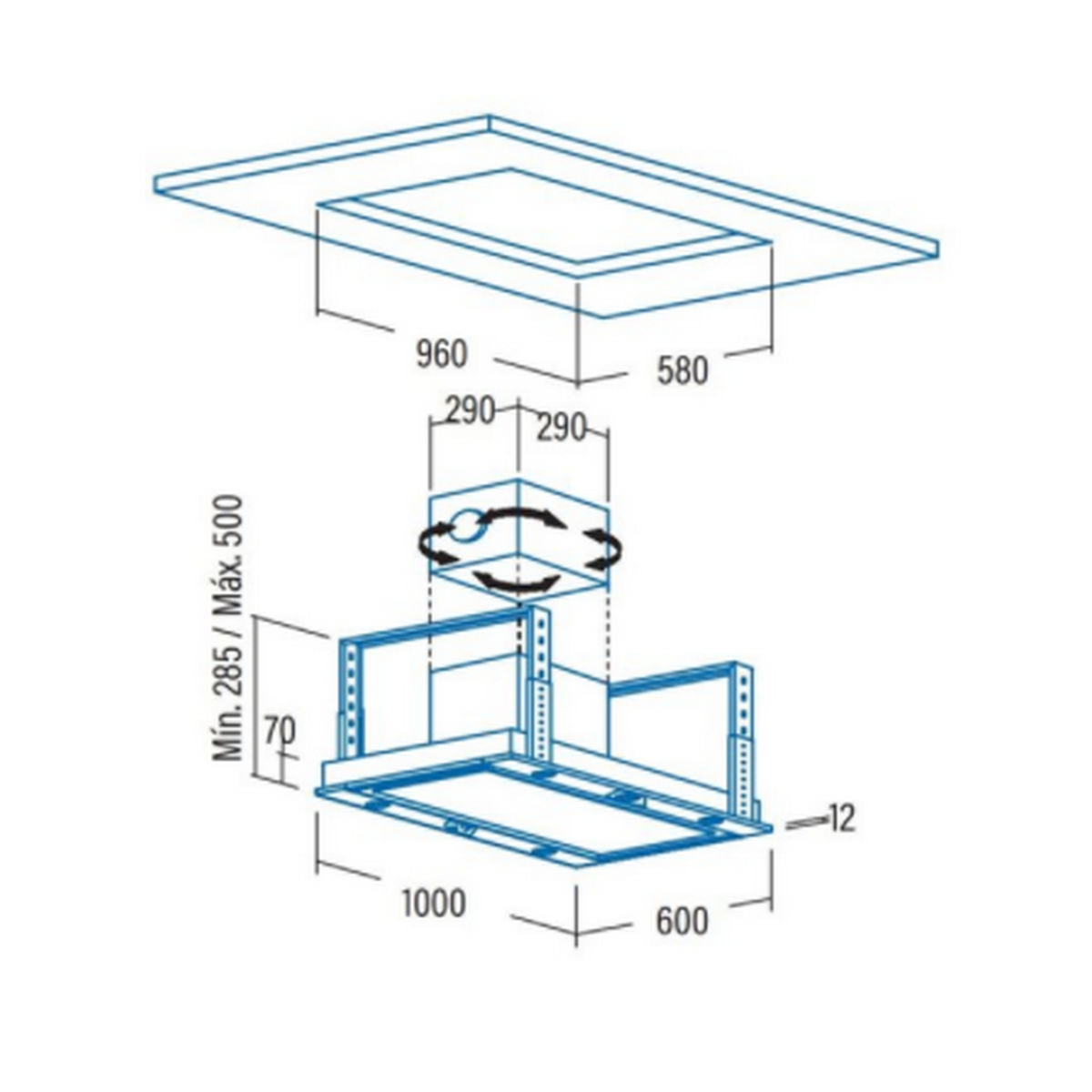 Disegno tecnico di una cappa. Mostra dimensioni e istruzioni per l'installazione.