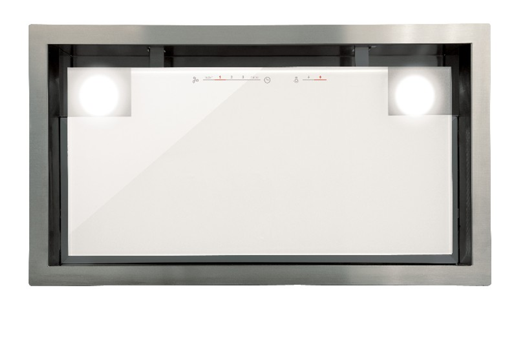 Una campana extractora de acero inoxidable con dos luces y un panel de vidrio blanco.
