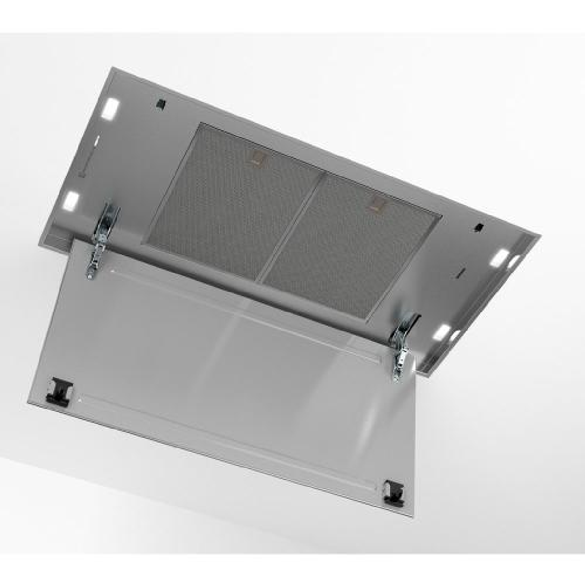 Una cappa aperta con vista sui componenti interni, montata a soffitto.