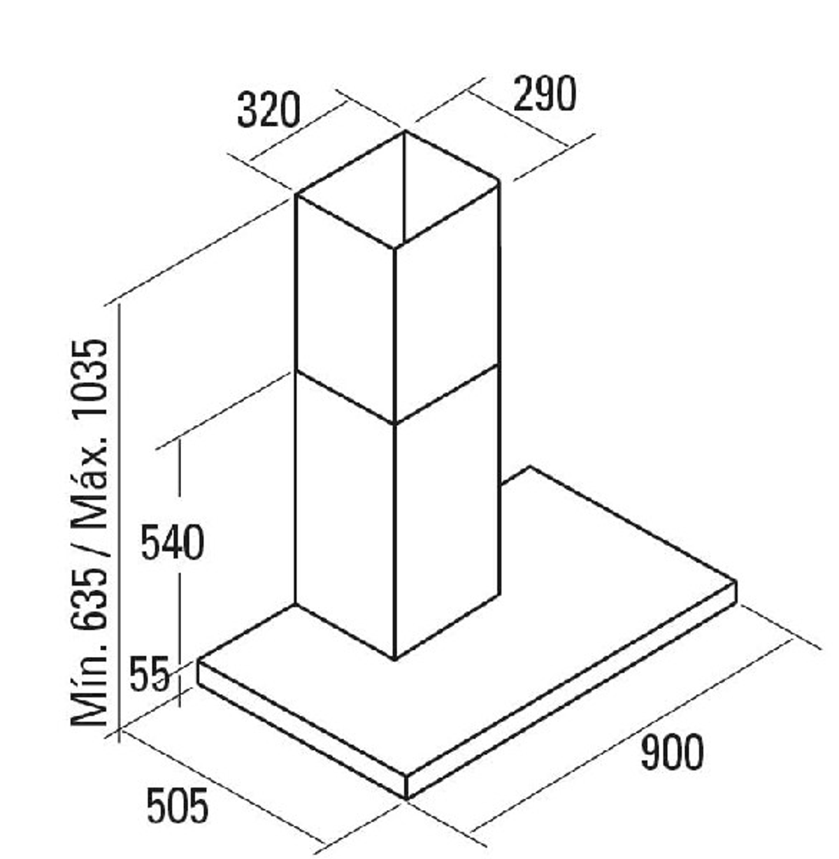 Disegno isometrico di una cappa da cucina, con dimensioni.