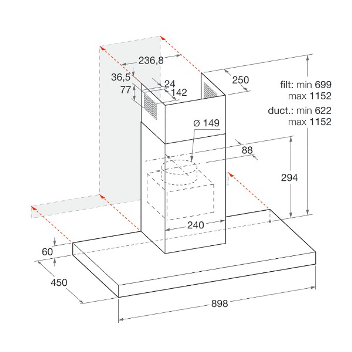 Un disegno tecnico di una cappa da cucina con dimensioni in millimetri.