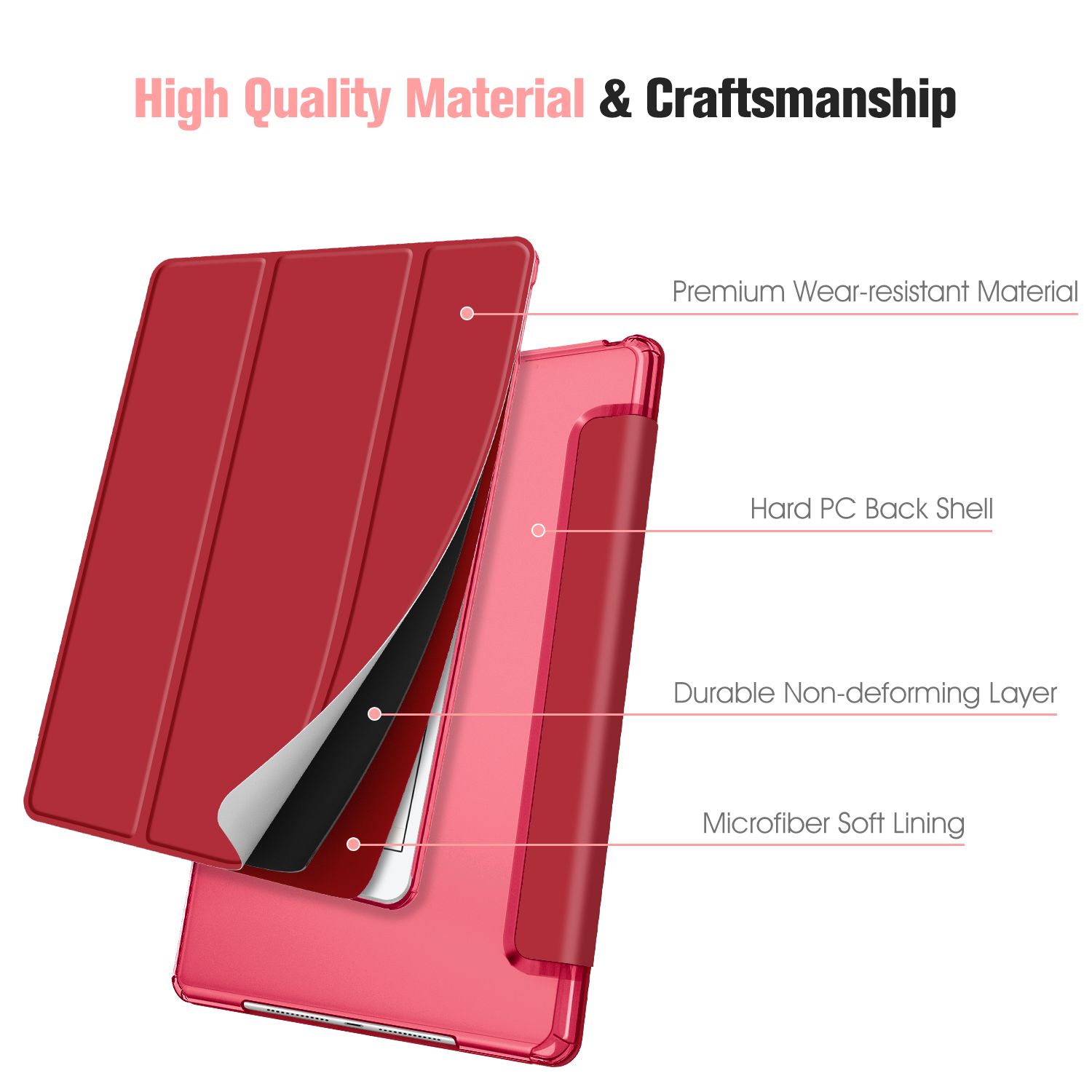Rote Tablethülle mit detaillierten Materialschichten.