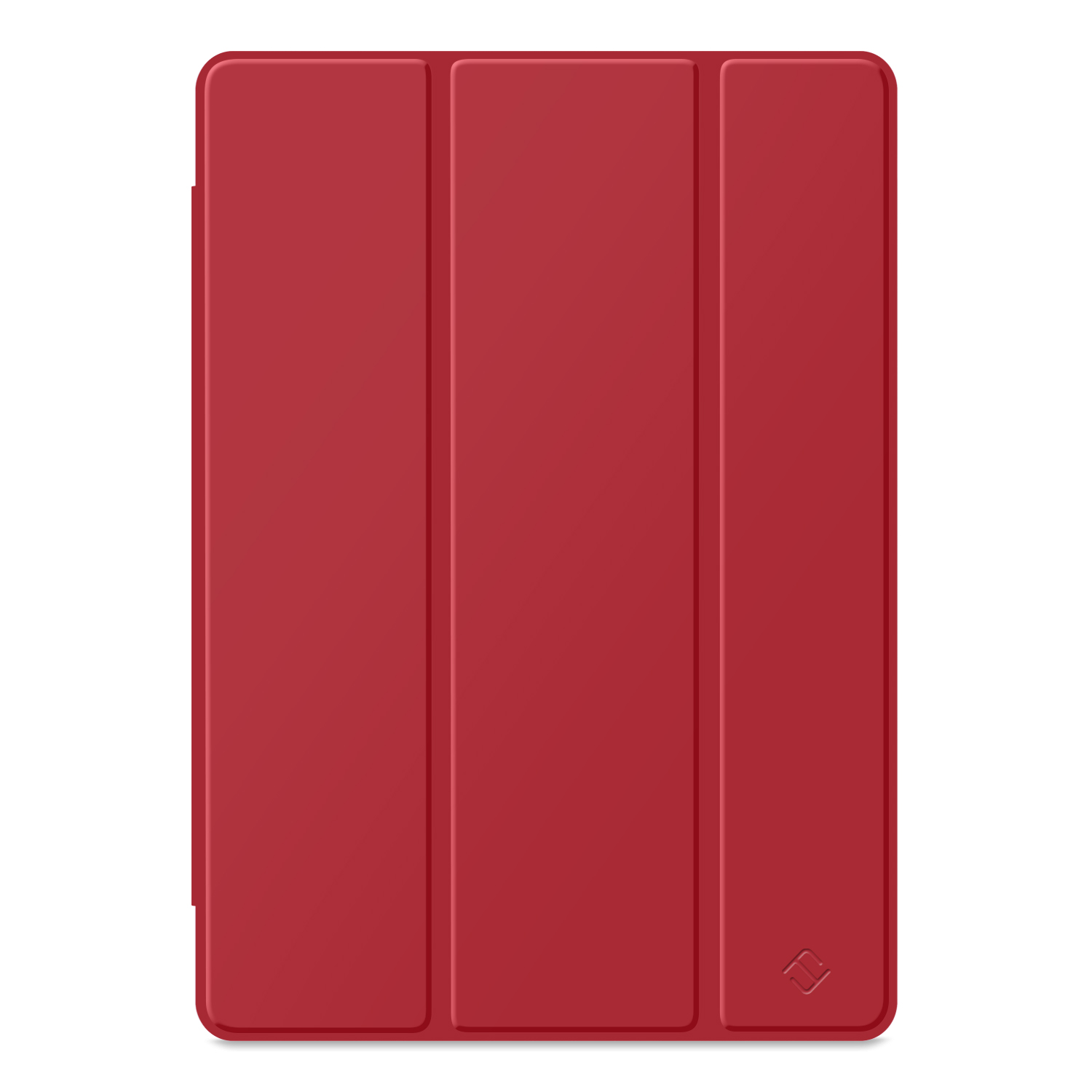 Eine rote Tablet-Hülle geschlossen, auf weißem Hintergrund. Die Hülle ist gefaltet.