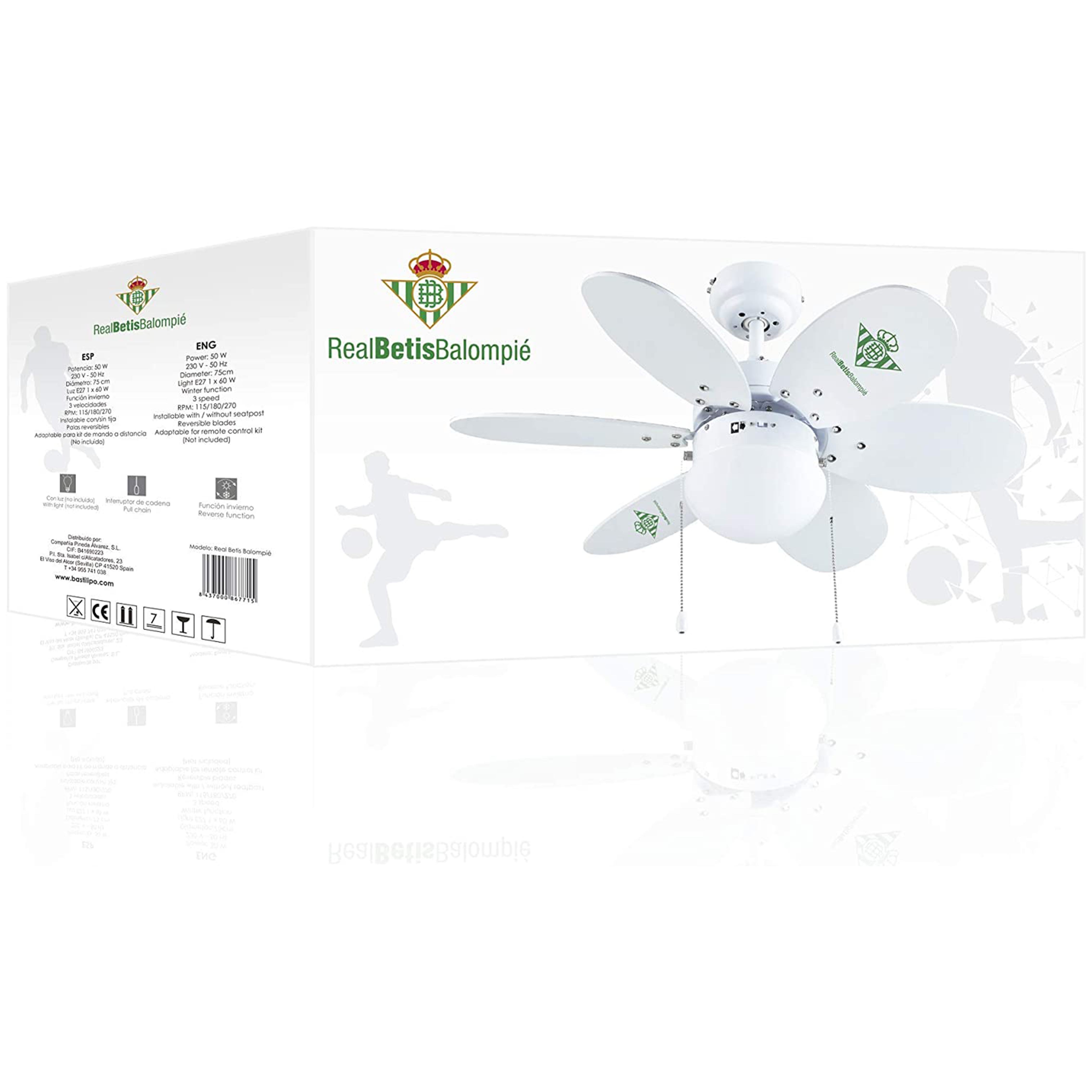 Un ventilador de techo del Real Betis Balompié. Aspas blancas, logo verde y cadena.