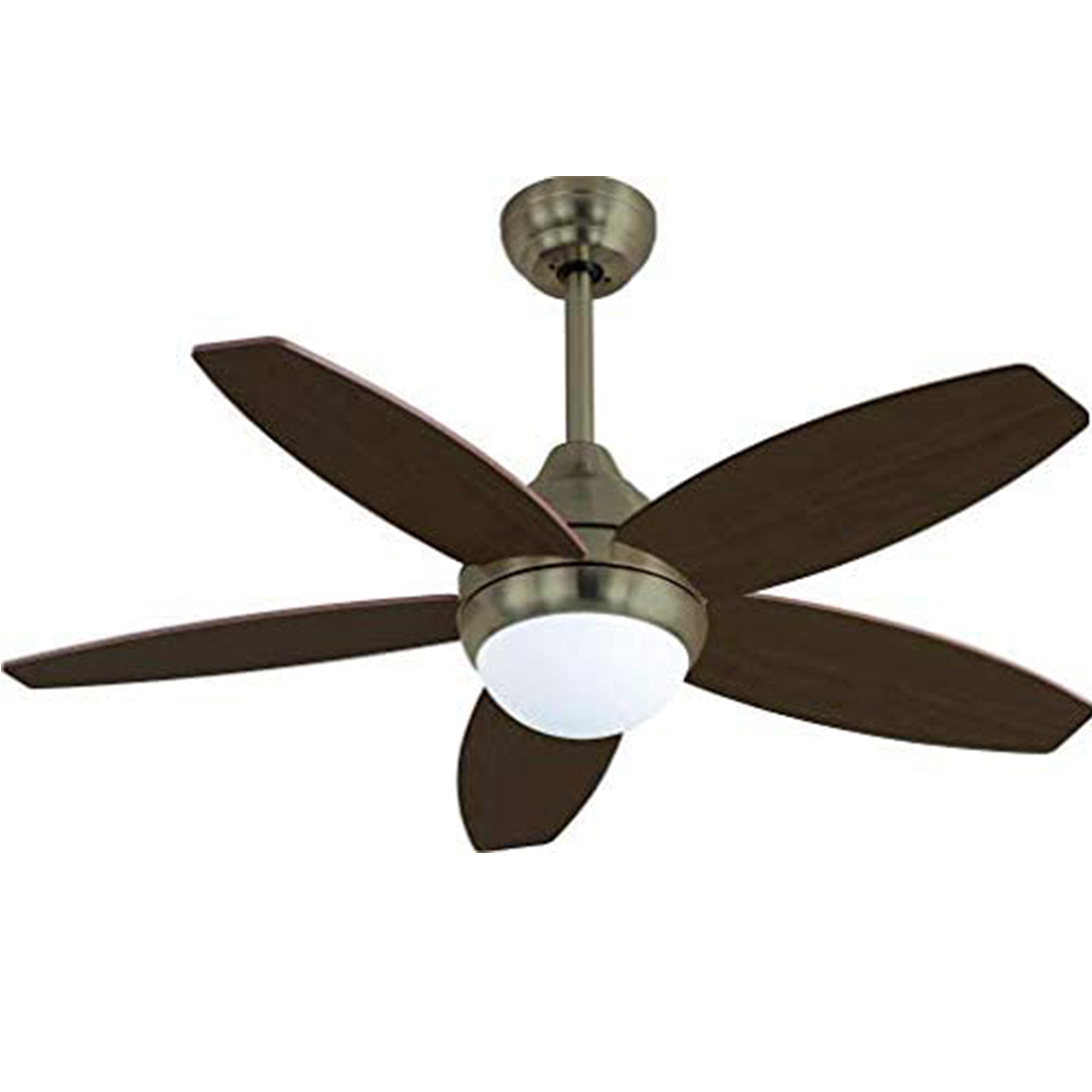 Un ventilador de techo con cinco aspas marrones y una lámpara central. Contra un fondo blanco.