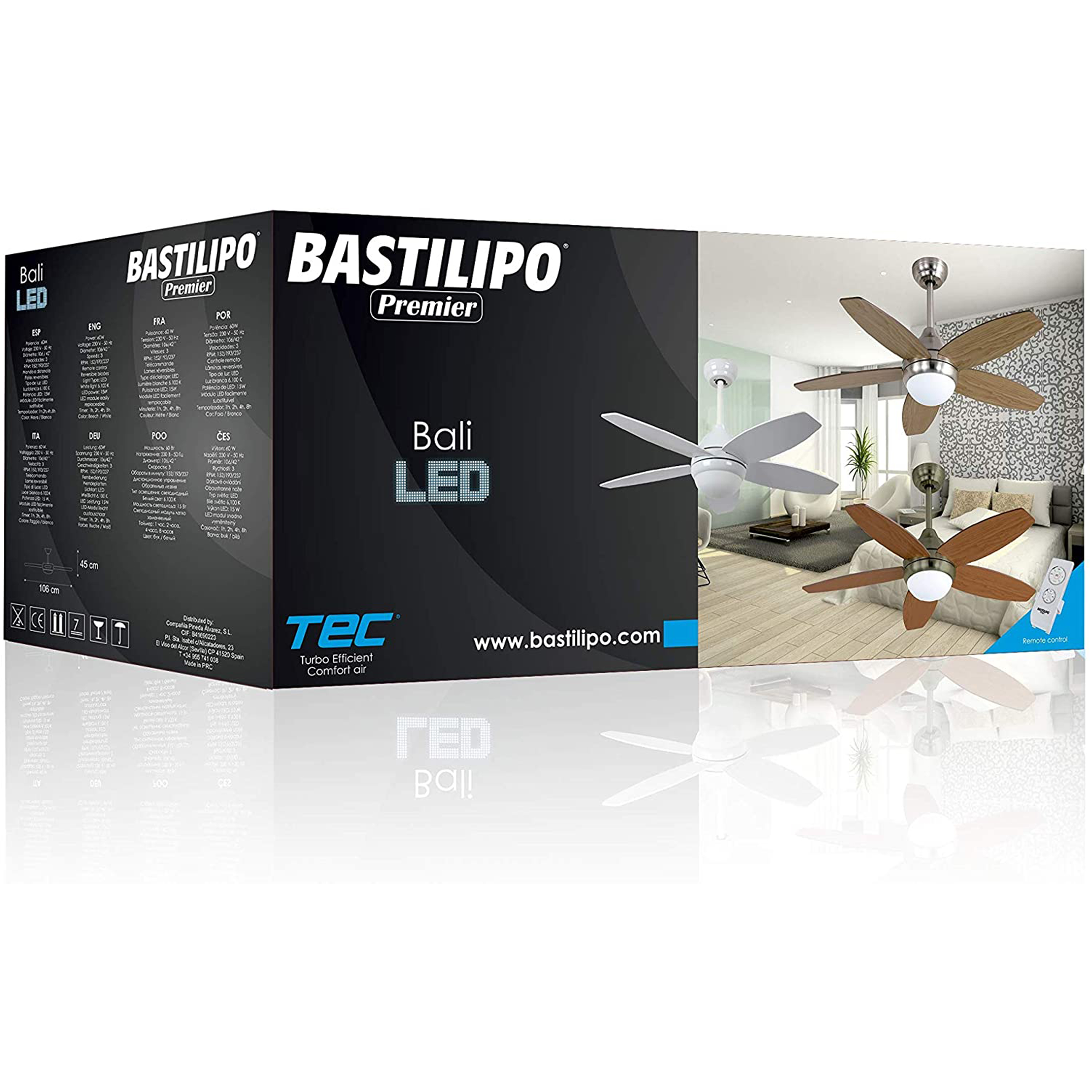 Caja con imágenes de ventiladores de techo, con el nombre del producto 'Bali LED'.