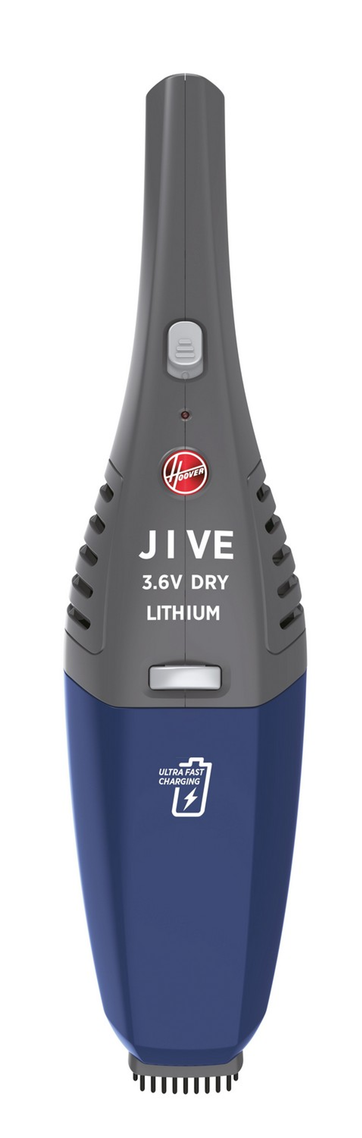 Aspiradora de mano. Cuerpo gris y azul. Hoover, Jive, 3.6V Dry Lithium, Ultra Fast Charger.