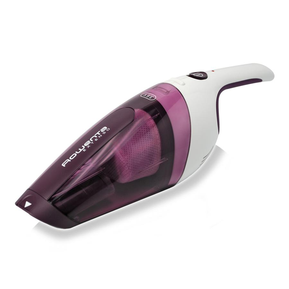 Handheld vacuum cleaner. Purple and white body. Rowenta, X-trem Power, 3.6V.