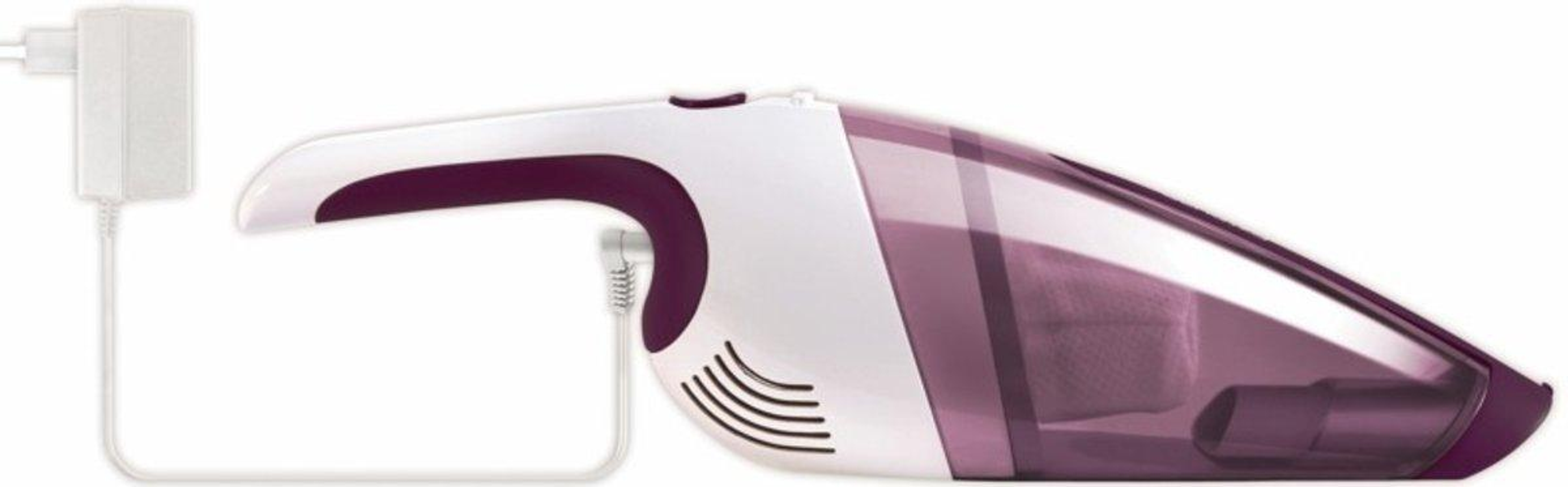 A white and purple handheld vacuum cleaner with its charger plugged in.