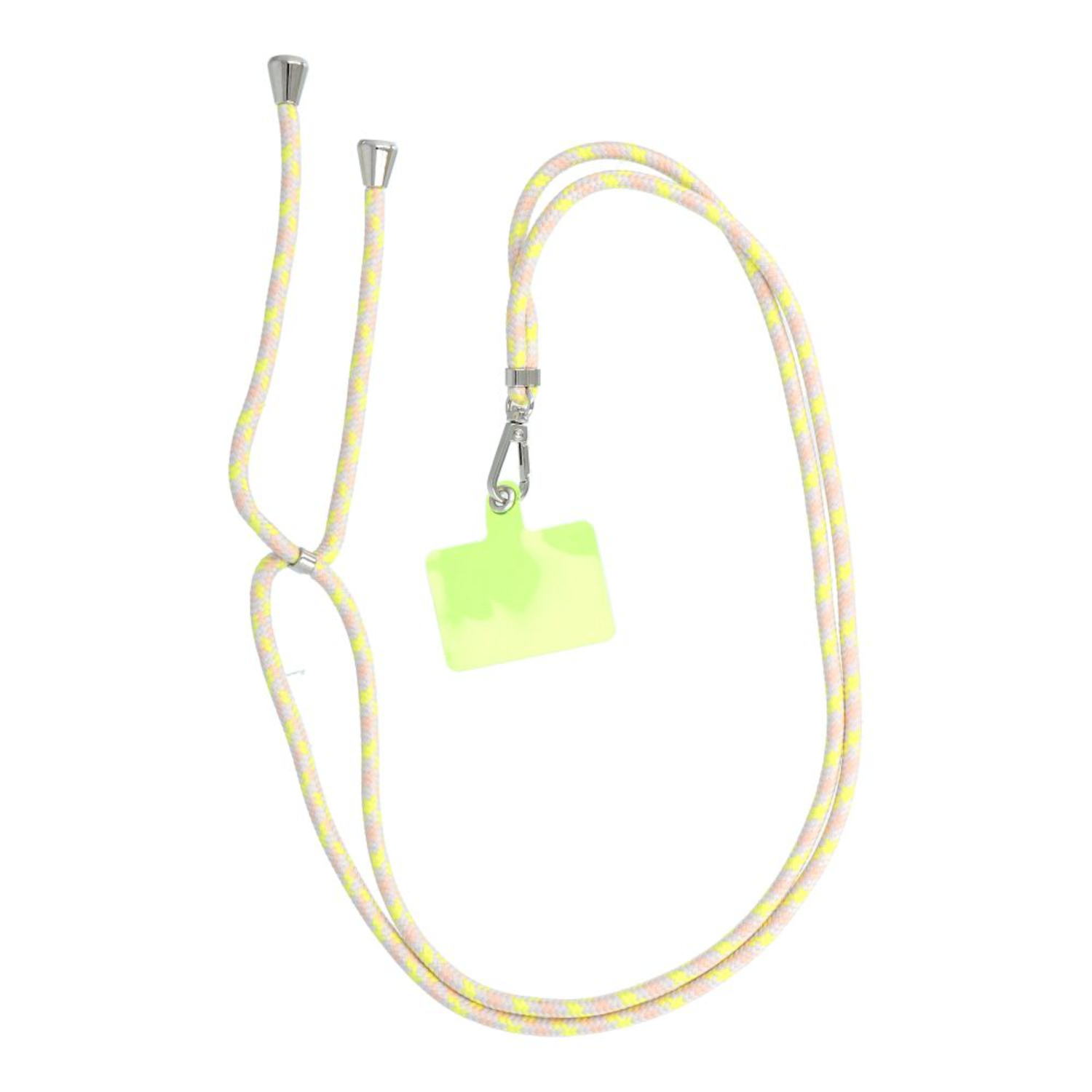 Ein Telefon-Lanyard mit einem hellgrünen Telefonhalter. Das Lanyard ist rosa und gelb.