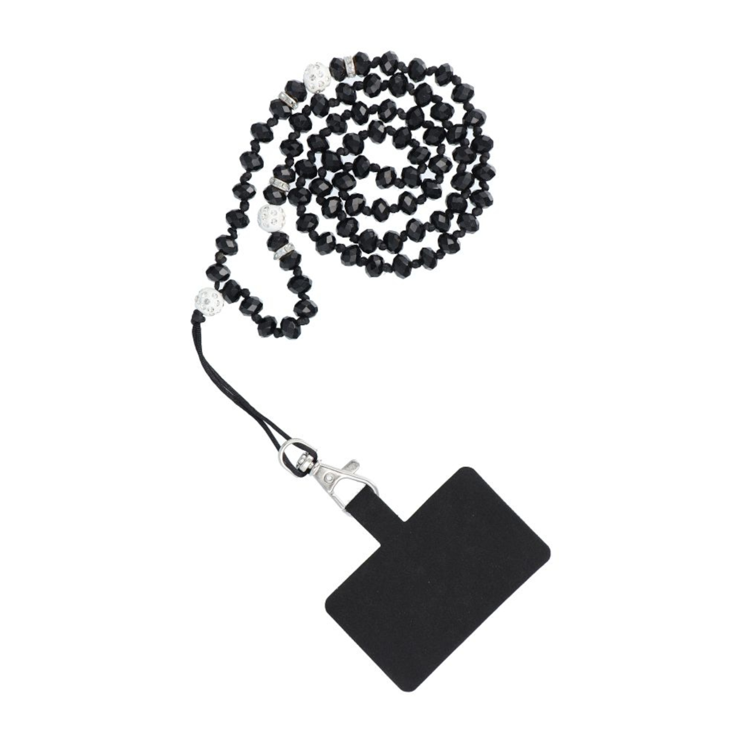 Schwarzes, perlenbesetztes Telefon-Lanyard mit silbernem Verschluss und schwarzem Halter.