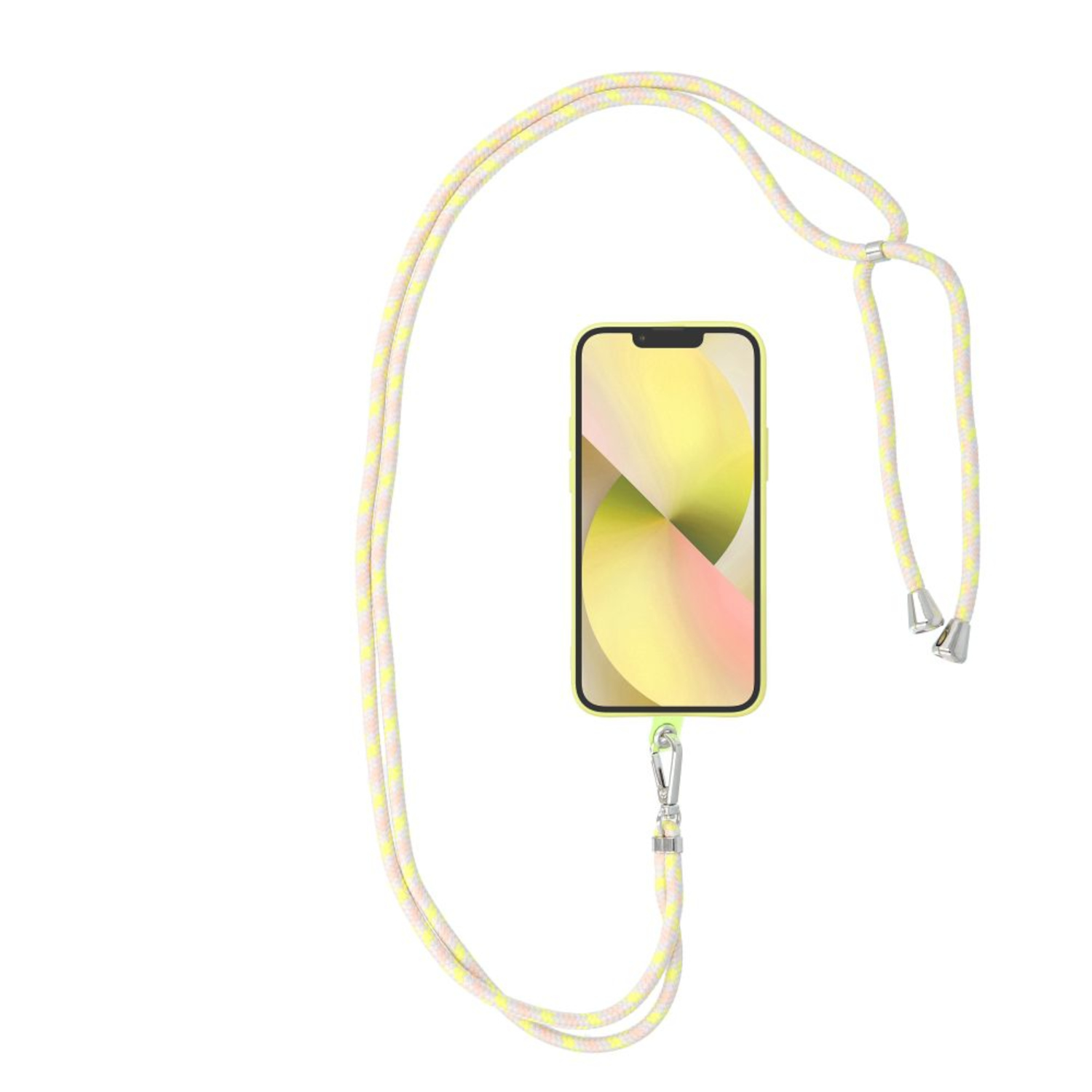 Ein gelbes Telefon mit Hülle und Lanyard. Das Lanyard ist mehrfarbig.