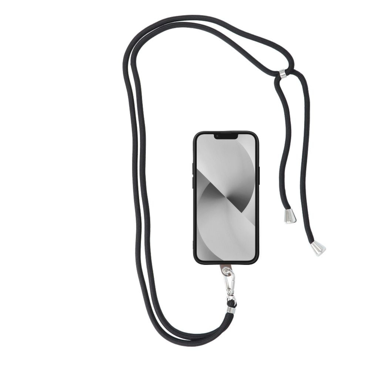 Schwarzes Telefon mit Lanyard. Das Lanyard ist schwarz mit silbernen Akzenten.