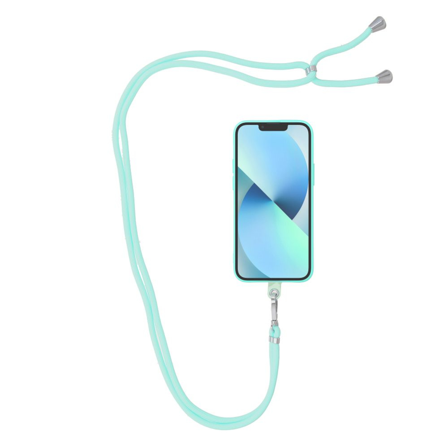 Telefon mit Lanyard. Das Telefon ist hellblau. Das Lanyard ist hellgrün und hat silberne Enden.