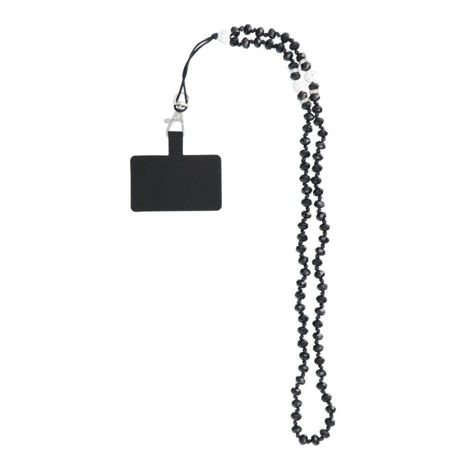 Perlen-Handyband mit schwarzem rechteckigem Handyhalter und silbernem Verschluss auf Weiß.