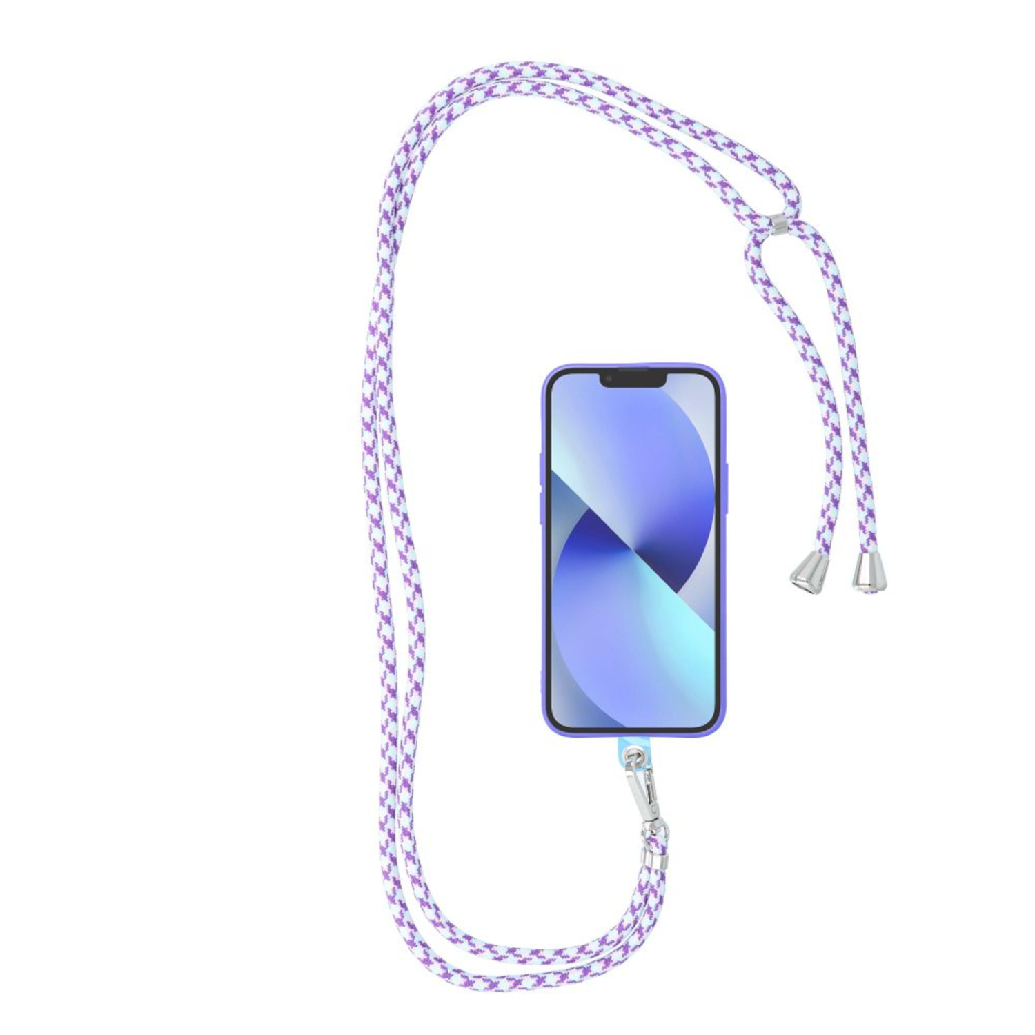 Lila Telefon mit passendem Schlüsselband. Das Telefon befindet sich in einer lila Hülle. Weißer Hintergrund.