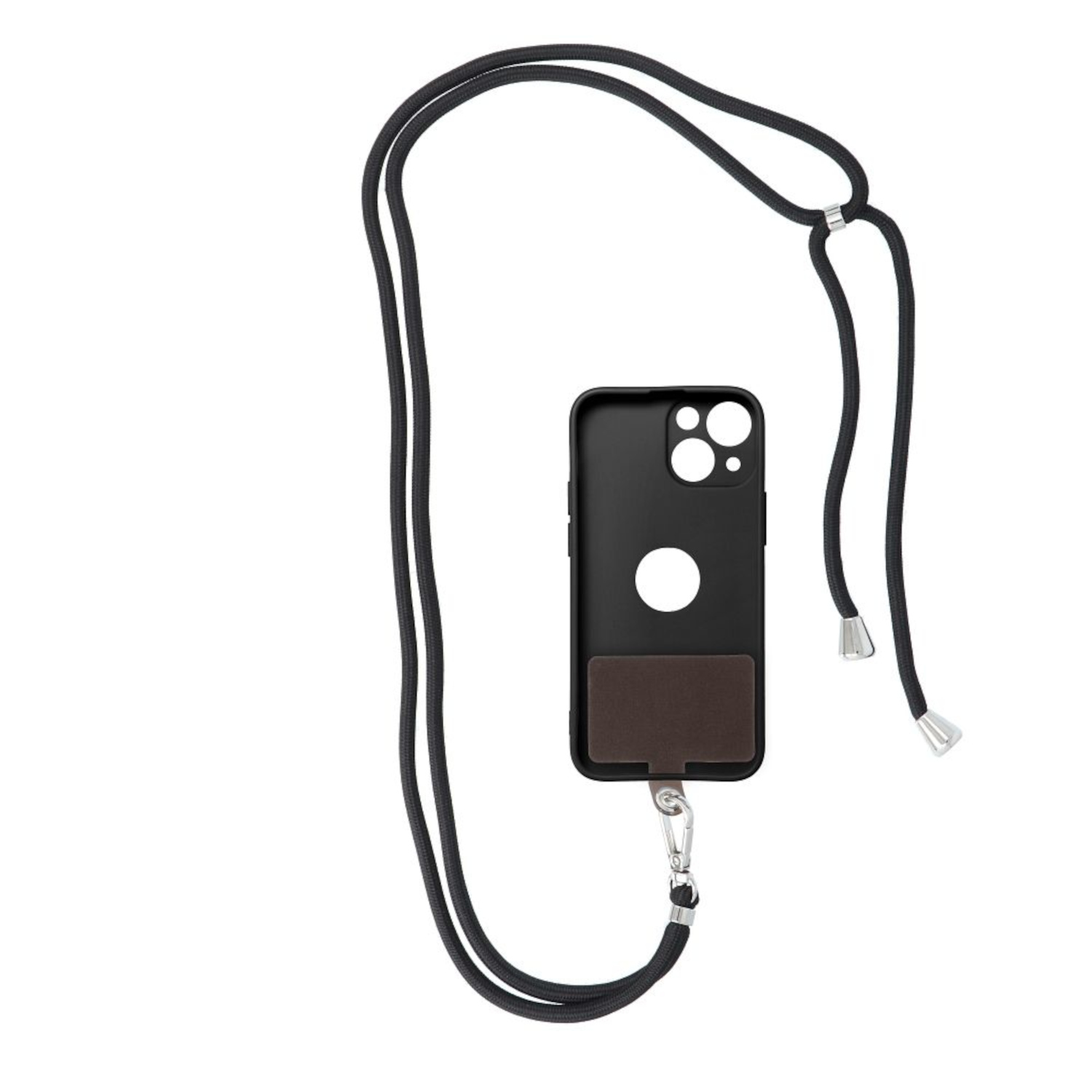 Schwarze Handyhülle mit schwarzem Umhängeband. Die Handyhülle hat einen braunen Kartenhalter.