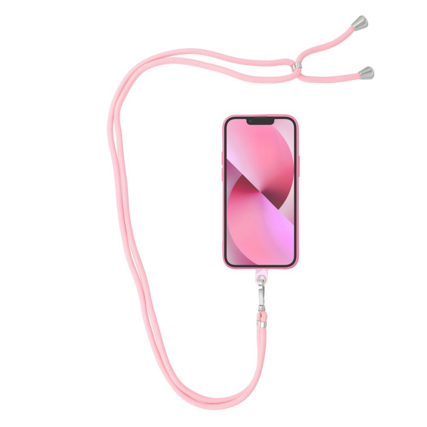 Rosa Telefon mit rosa Lanyard. Das Telefon befindet sich in einer rosa Hülle.
