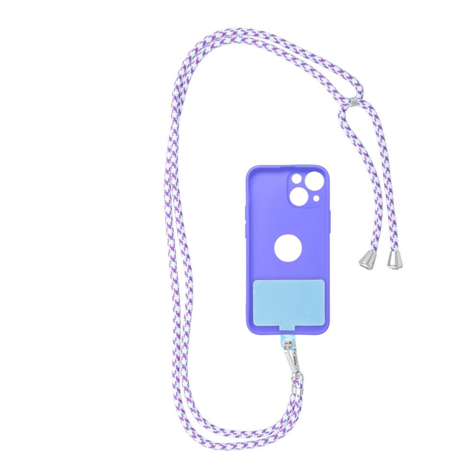 Lila Handyhülle mit Lanyard. Blauer Kartenhalter. Weißer Hintergrund.