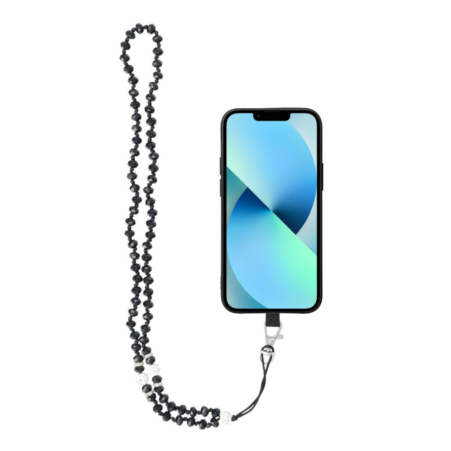 Schwarzes, mit Perlen besetztes Telefon-Umhängeband mit Telefon.