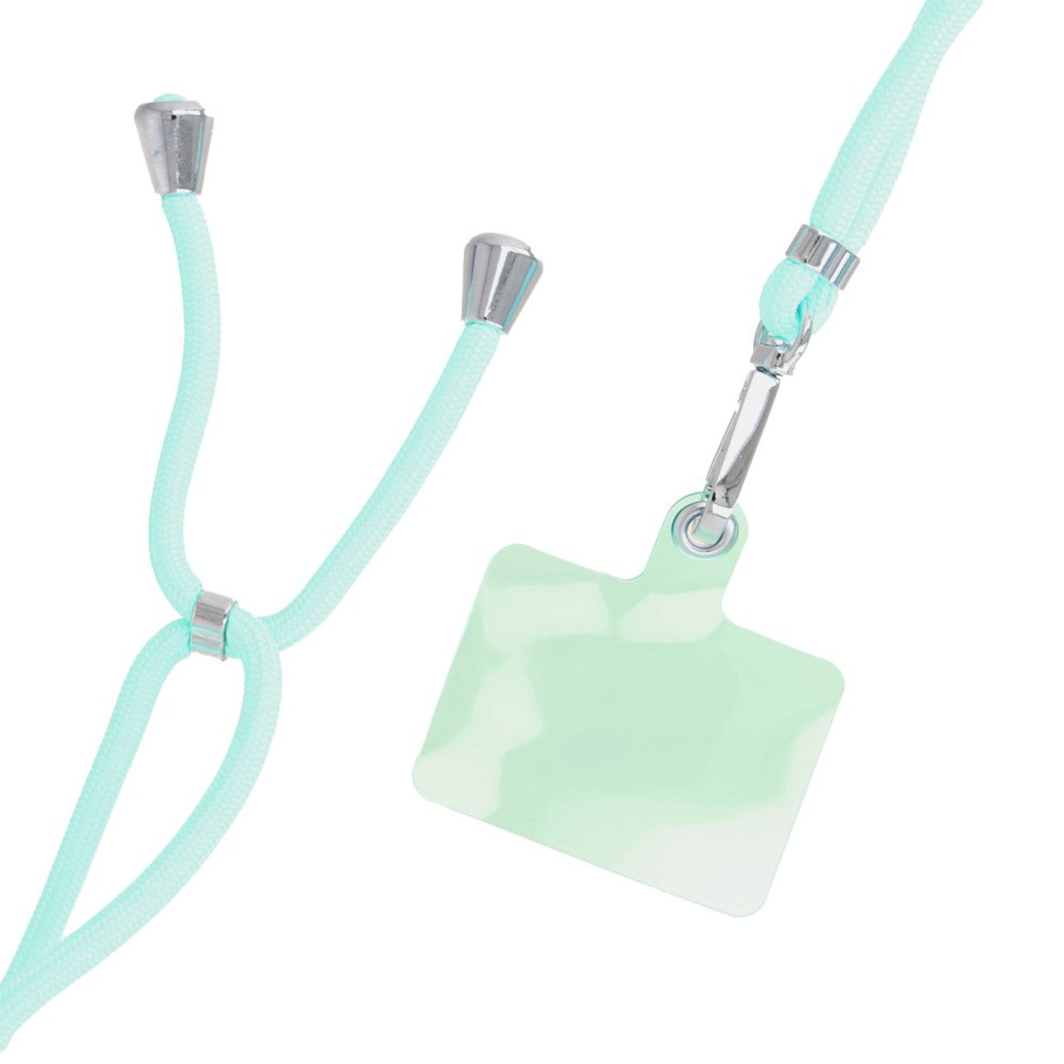 Ein Telefon-Lanyard mit mintgrüner Kordel, einem transparenten Quadrat und silbernen Akzenten.