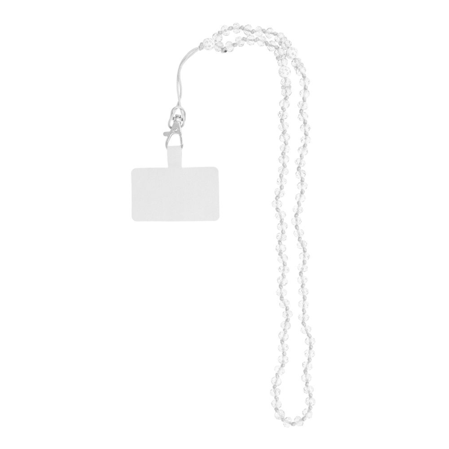 Transparente Perlen-Lanyard mit Telefonhalter. Das Lanyard hängt vor weißem Hintergrund.