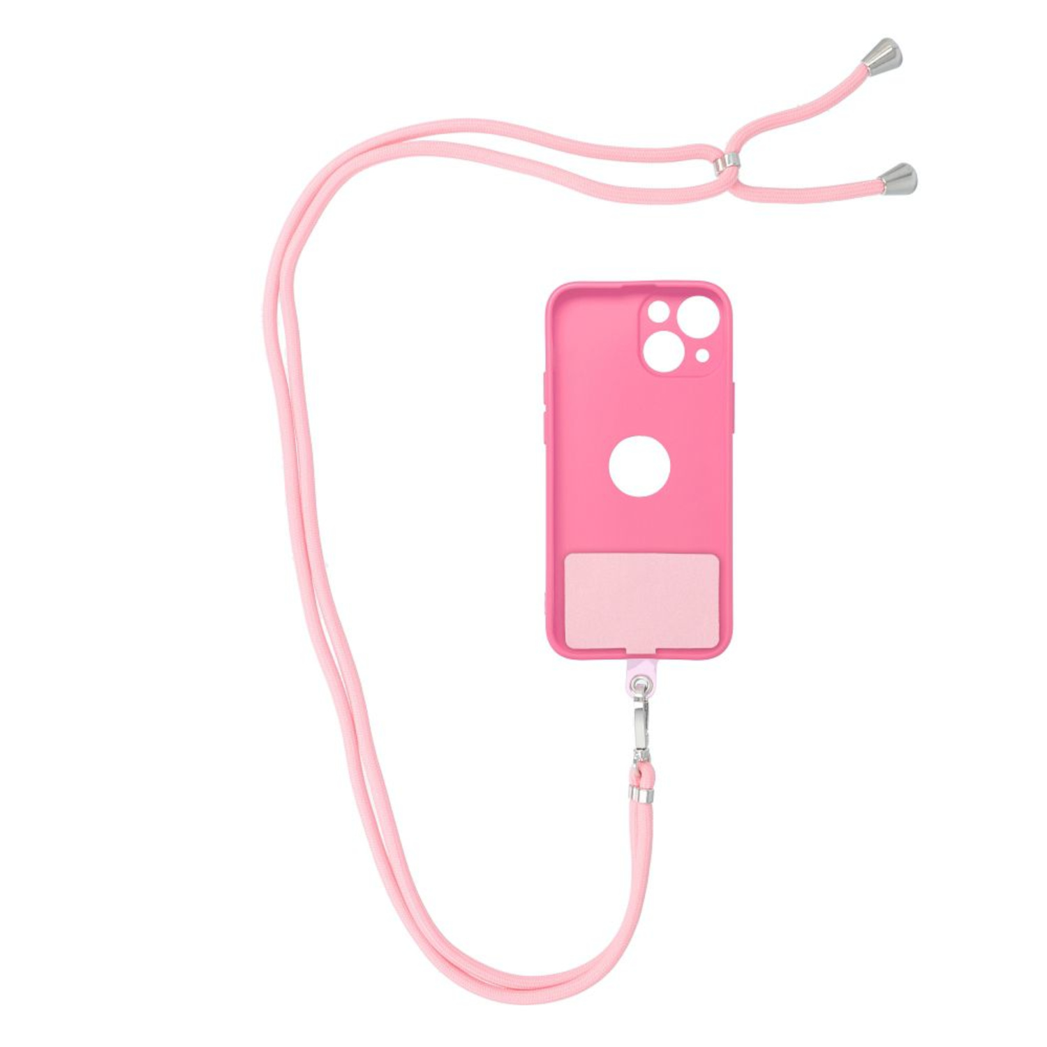 Rosa Handyhülle mit Lanyard. Rosa und silberne Details. Weißer Hintergrund.