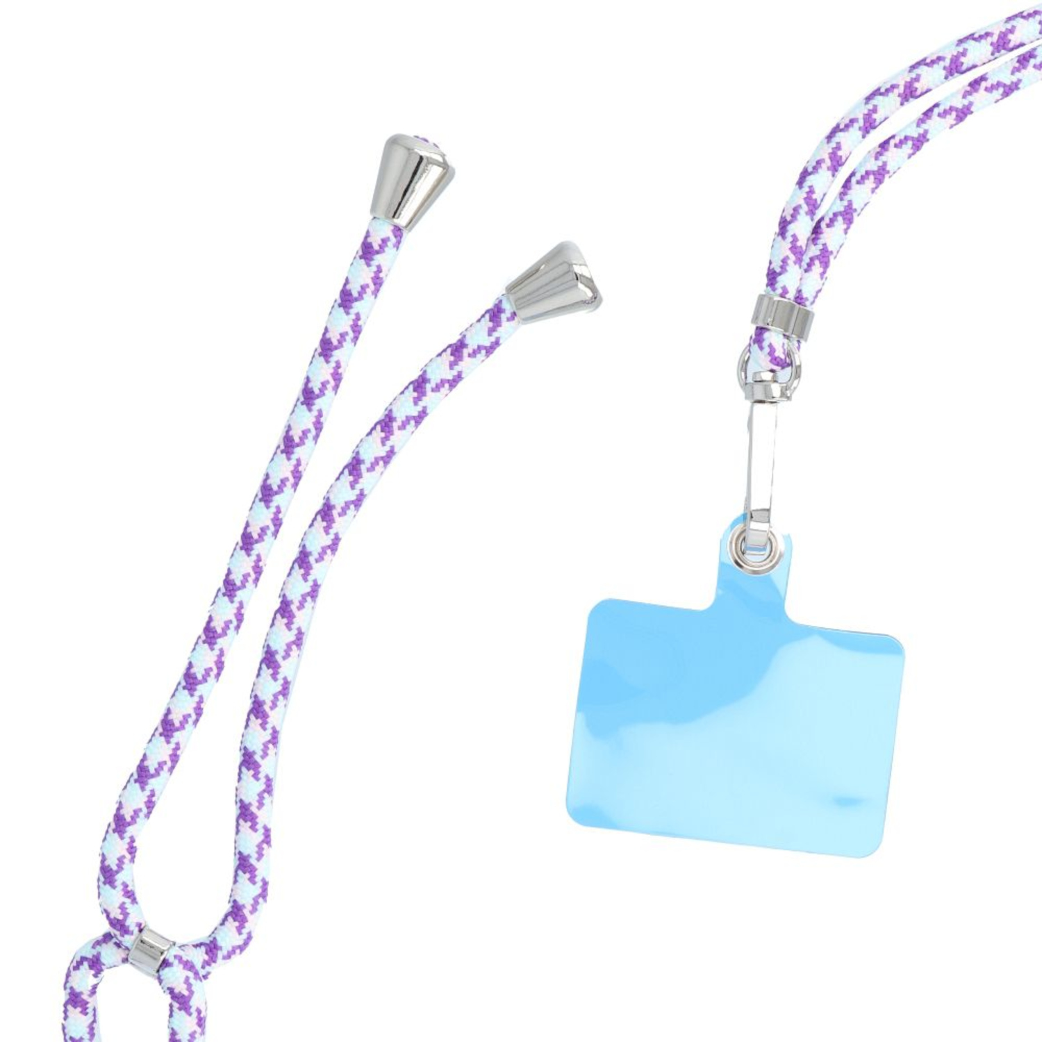 Handy-Umhängeband mit lila-weiß gemustertem Kordel. Hellblauer Handyhalter.
