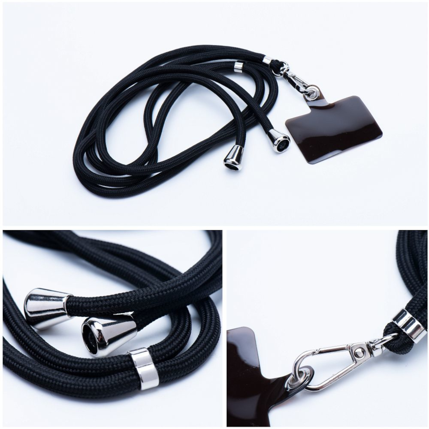 Schwarzes Telefon-Lanyard mit Telefonbefestigung. Nahaufnahmen. Weißer Hintergrund.