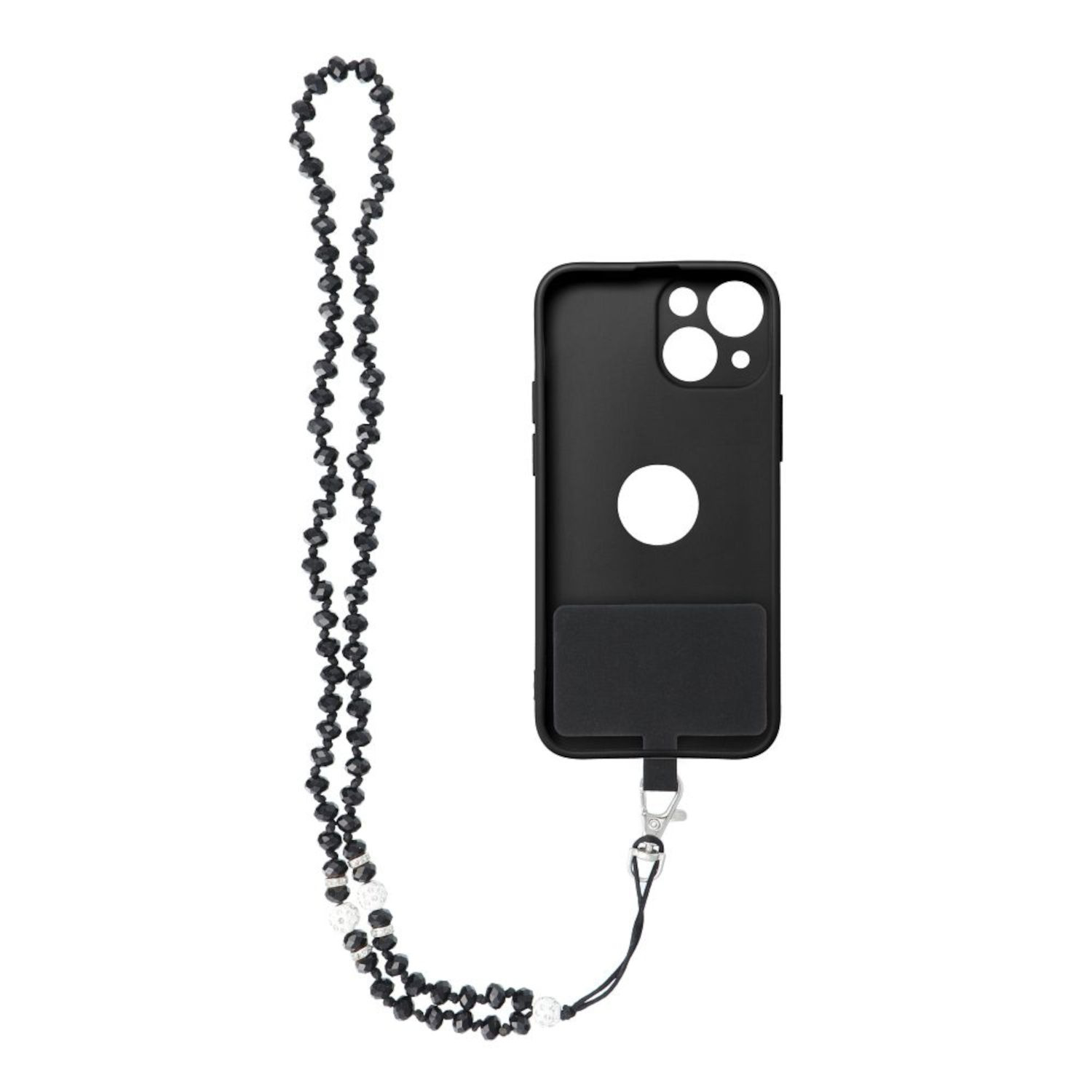 Schwarze Handyhülle mit einer Perlen-Lanyard, die Perlen sind schwarz und klar.