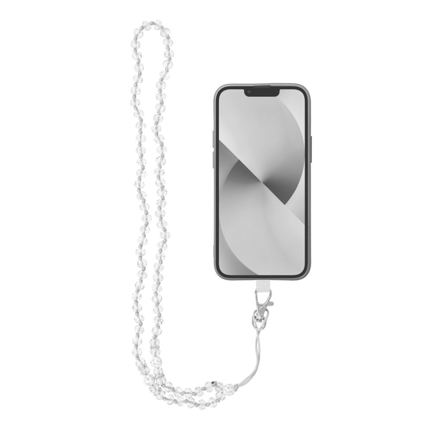 Smartphone mit silbernem Rahmen und Perlen-Lanyard, hängend mit silbernem Verschluss.