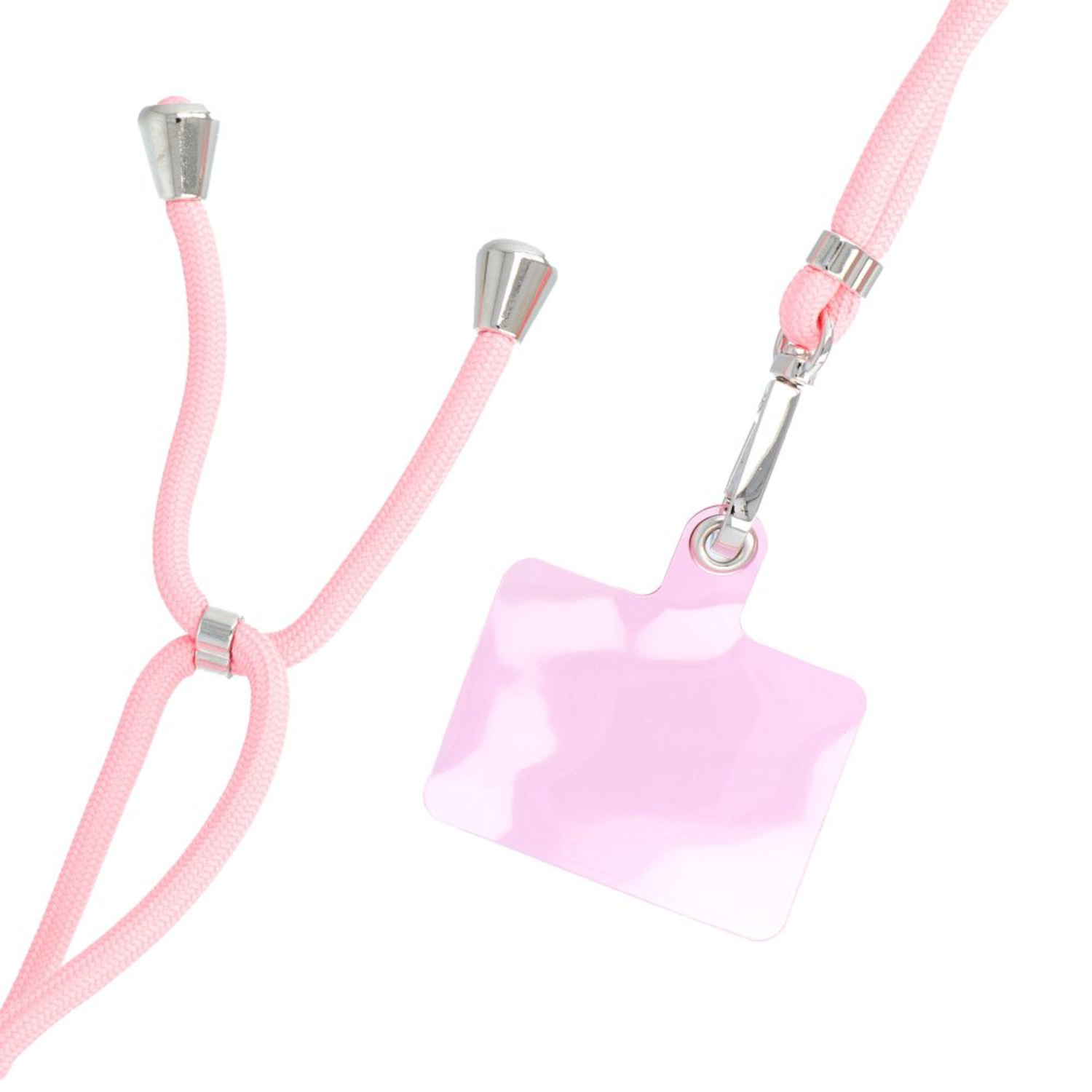Rosa Handy-Lanyard mit Metalldetails. Enthält einen rosa Handyhalter und einen Metallclip.