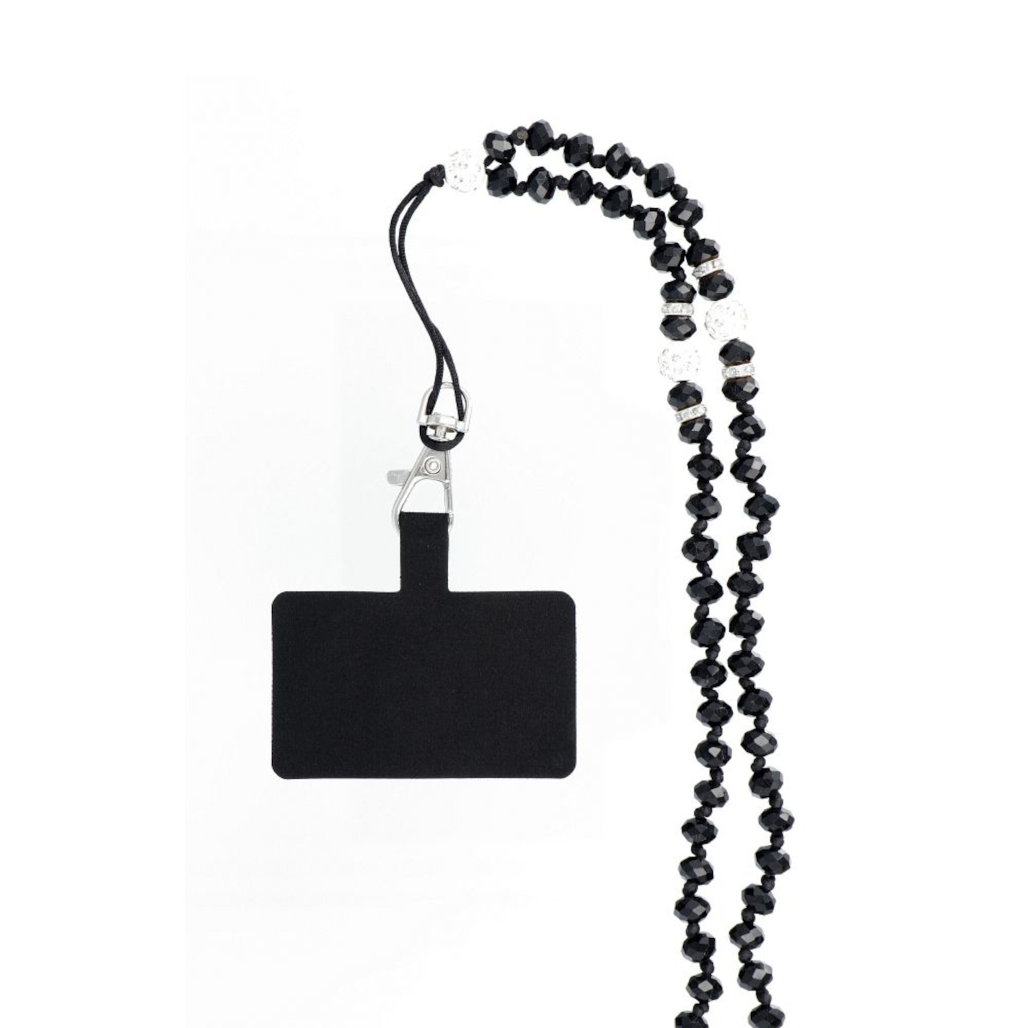 Schwarzes Telefon-Lanyard mit schwarzen Perlen und einem silbernen Verschluss, vor weißem Hintergrund.