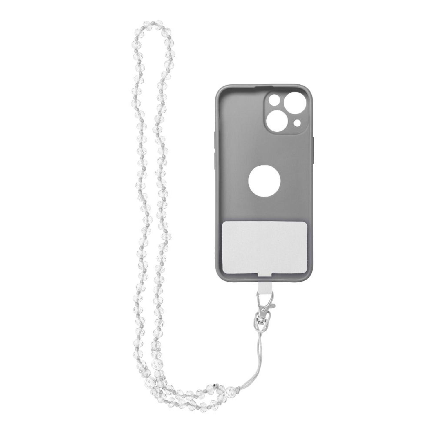 Graue Handyhülle mit einer Perlen-Handy-Kette. Schlüsselband-Stil.