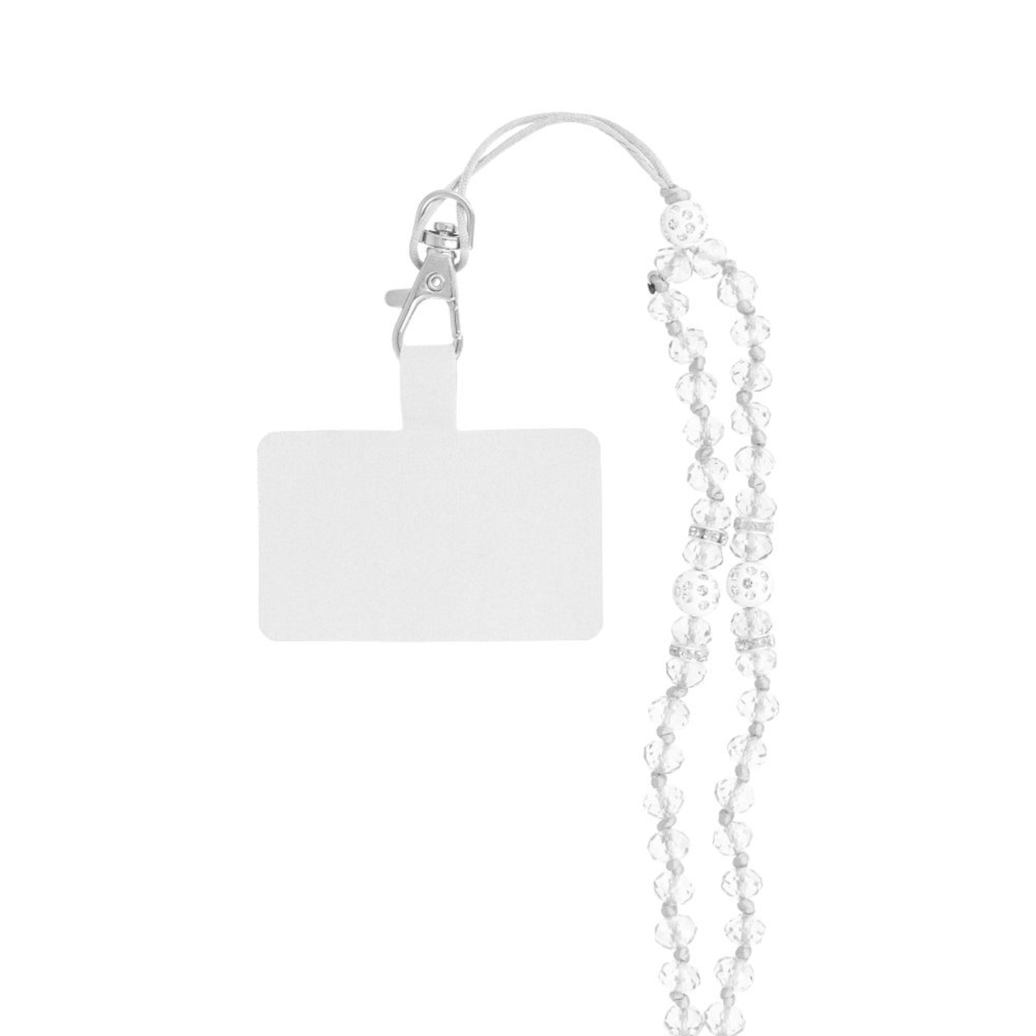 Weißes Rechteck mit Lanyard. Das Rechteck ist weiß, das Lanyard ist klar mit Perlen.