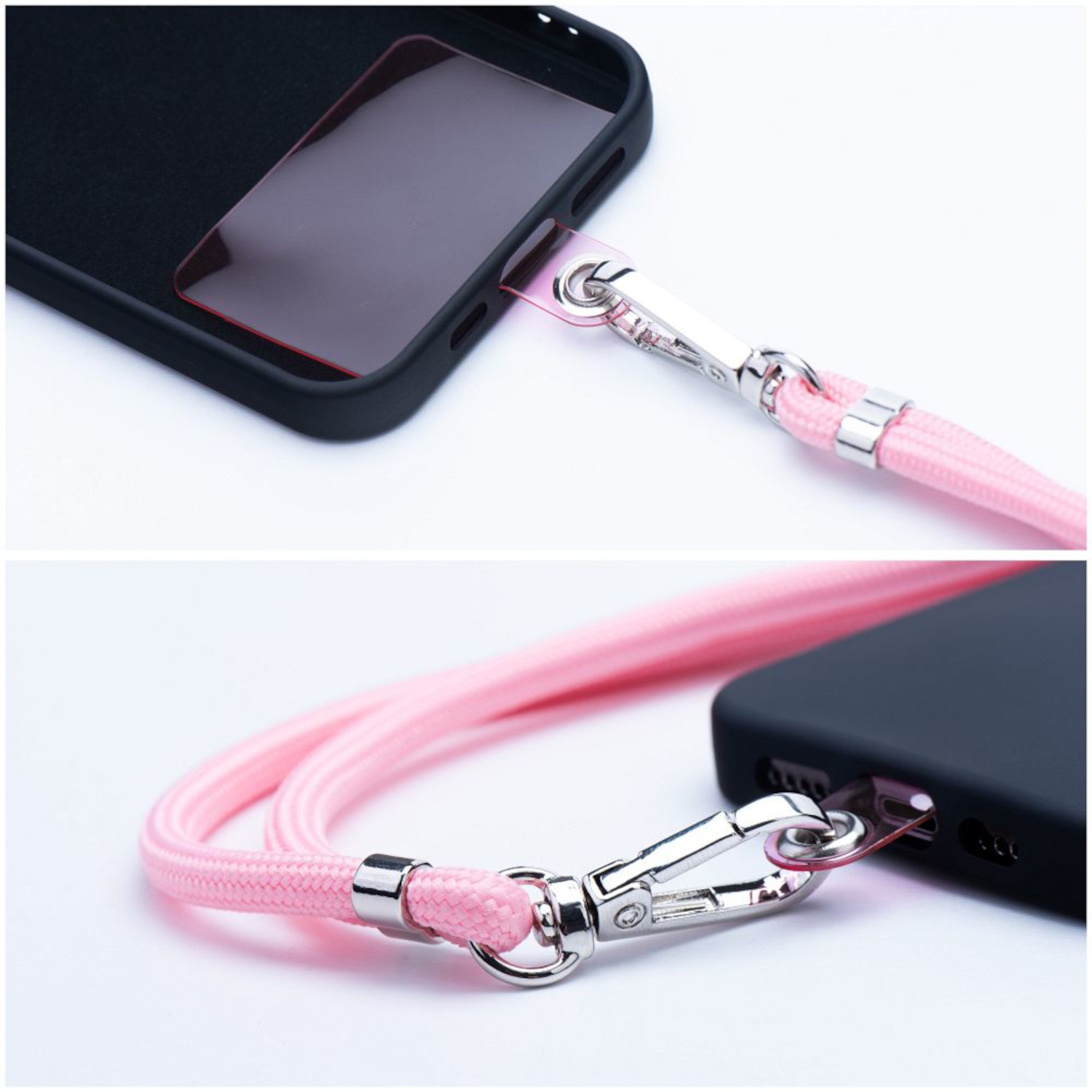 Handyhülle mit pinkfarbenem Lanyard, Nahaufnahme der Befestigungspunkte, weißer Hintergrund.