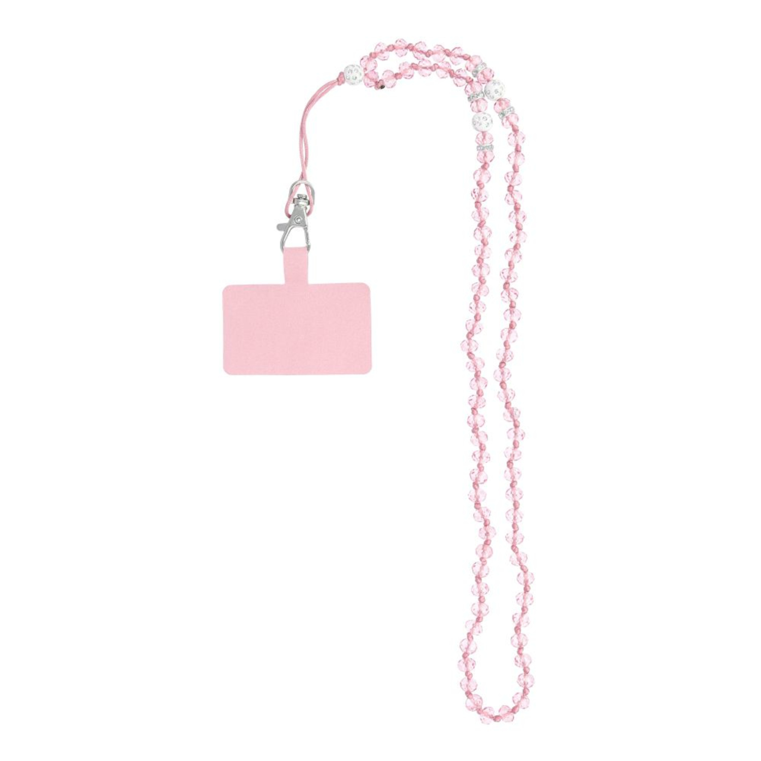 Rosafarbenes, mit Perlen besetztes Telefon-Lanyard. Es hat eine rosa Telefonhalterung, einen silbernen Verschluss und rosa Perlen.