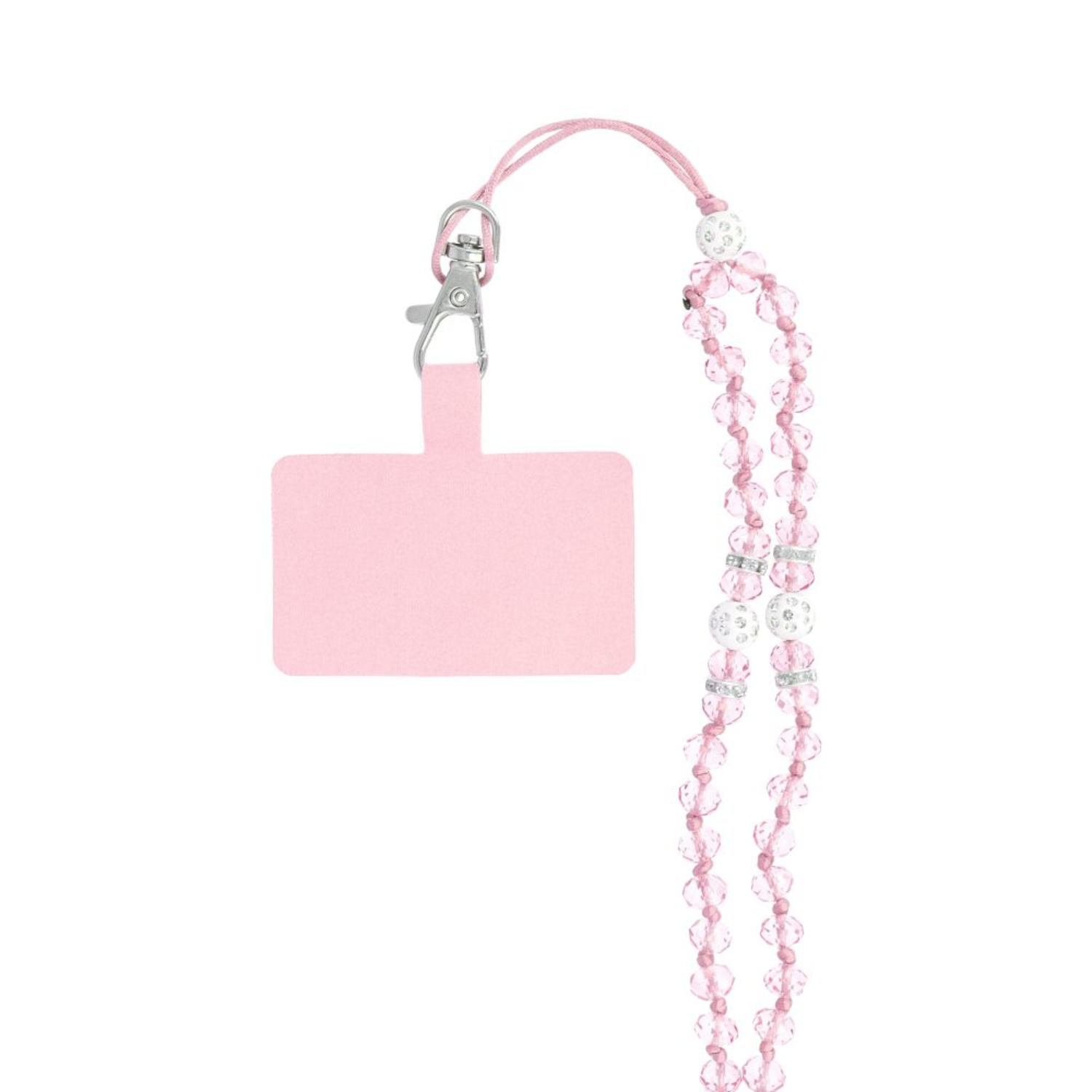 Rosa Telefon-Lanyard mit rosa Telefonkartenhalter und dekorativen Perlen.