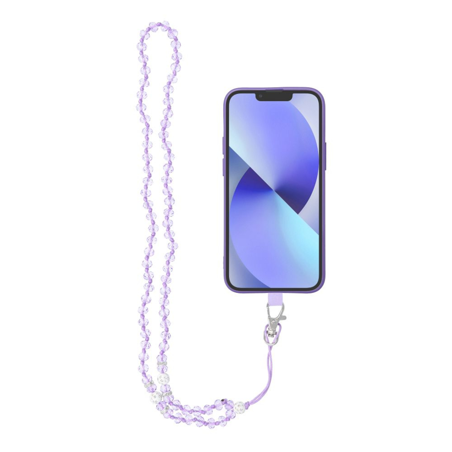 Lila Telefon mit einem befestigten Perlenband. Das Telefon zeigt eine Benutzeroberfläche.