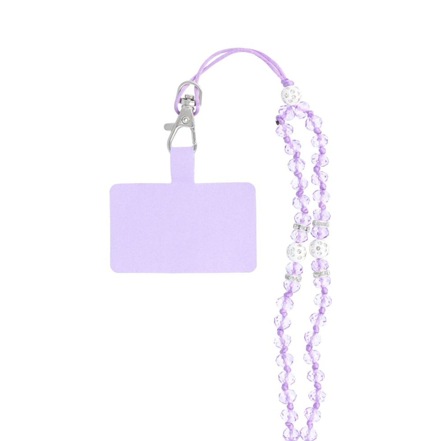 Lilafarbenes Telefon-Lanyard mit Clip, Perlen und Halterung für ein Telefon.