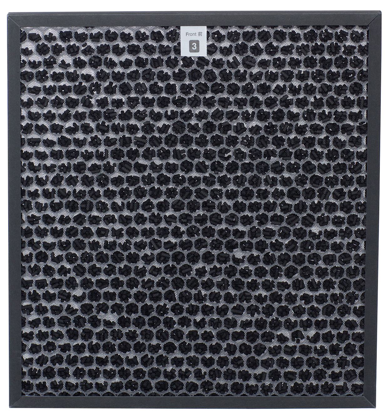 Quadratischer Luftfilter mit schwarzem Rahmen. Der Filter hat ein Wabenmuster. Die Zahl '3' steht oben.