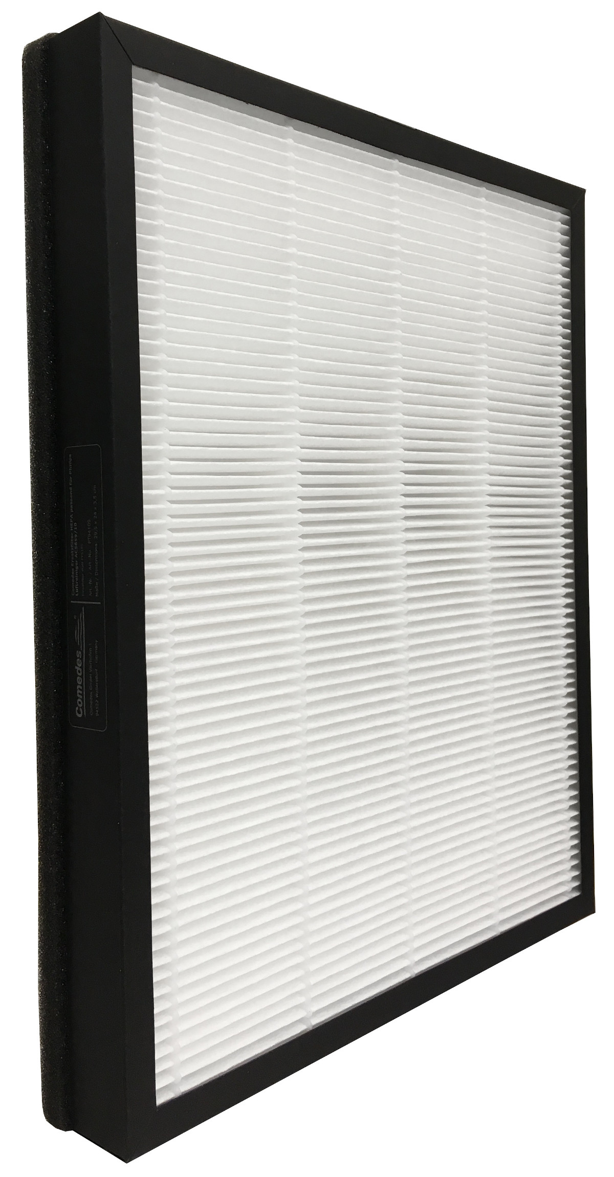 Ein Luftfilter mit schwarzem Rahmen und weißem, plissiertem Filtermaterial. Es ist ein Comfoair-Filter.