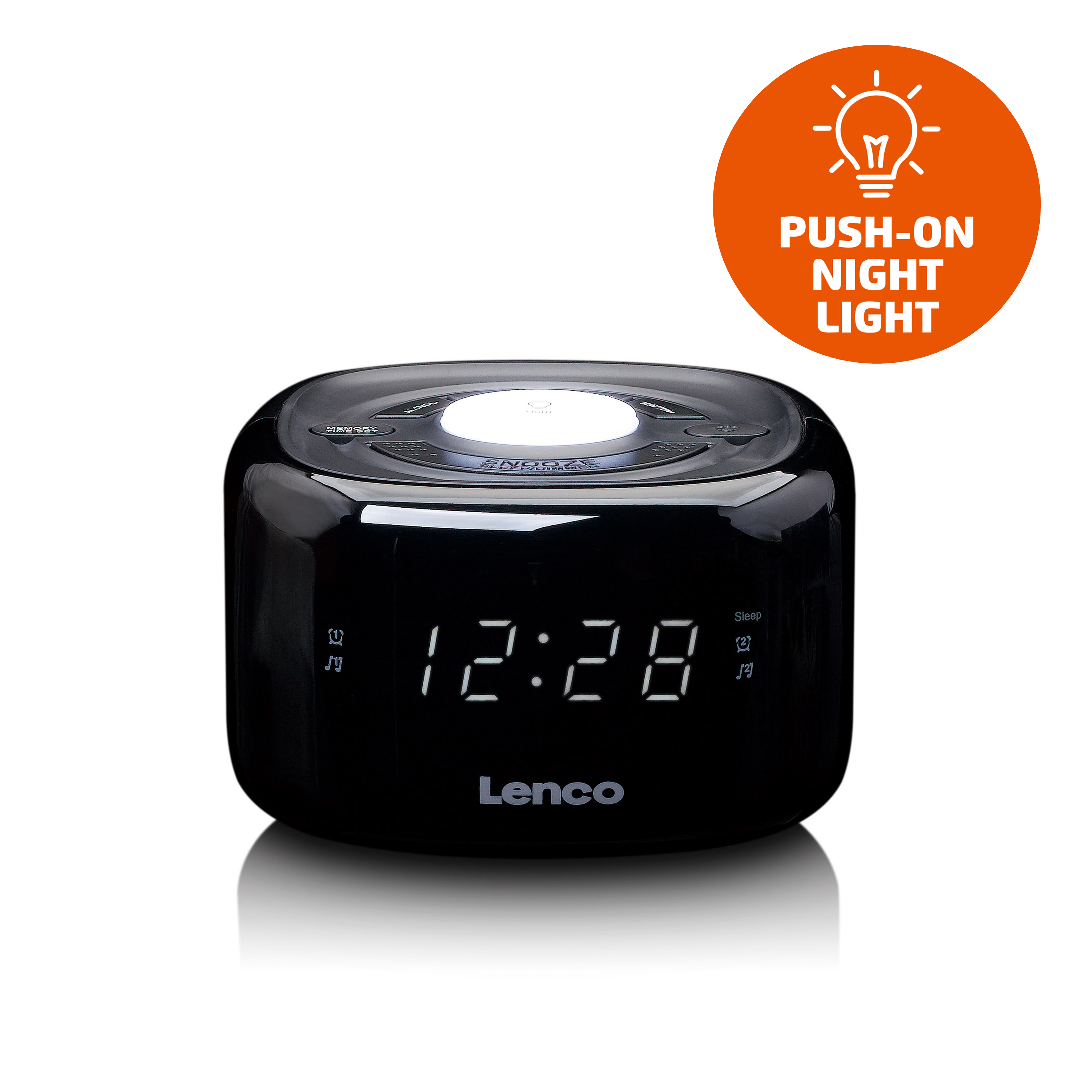 Czarny budzik z cyfrowym wyświetlaczem czasu i włączaną lampką nocną.