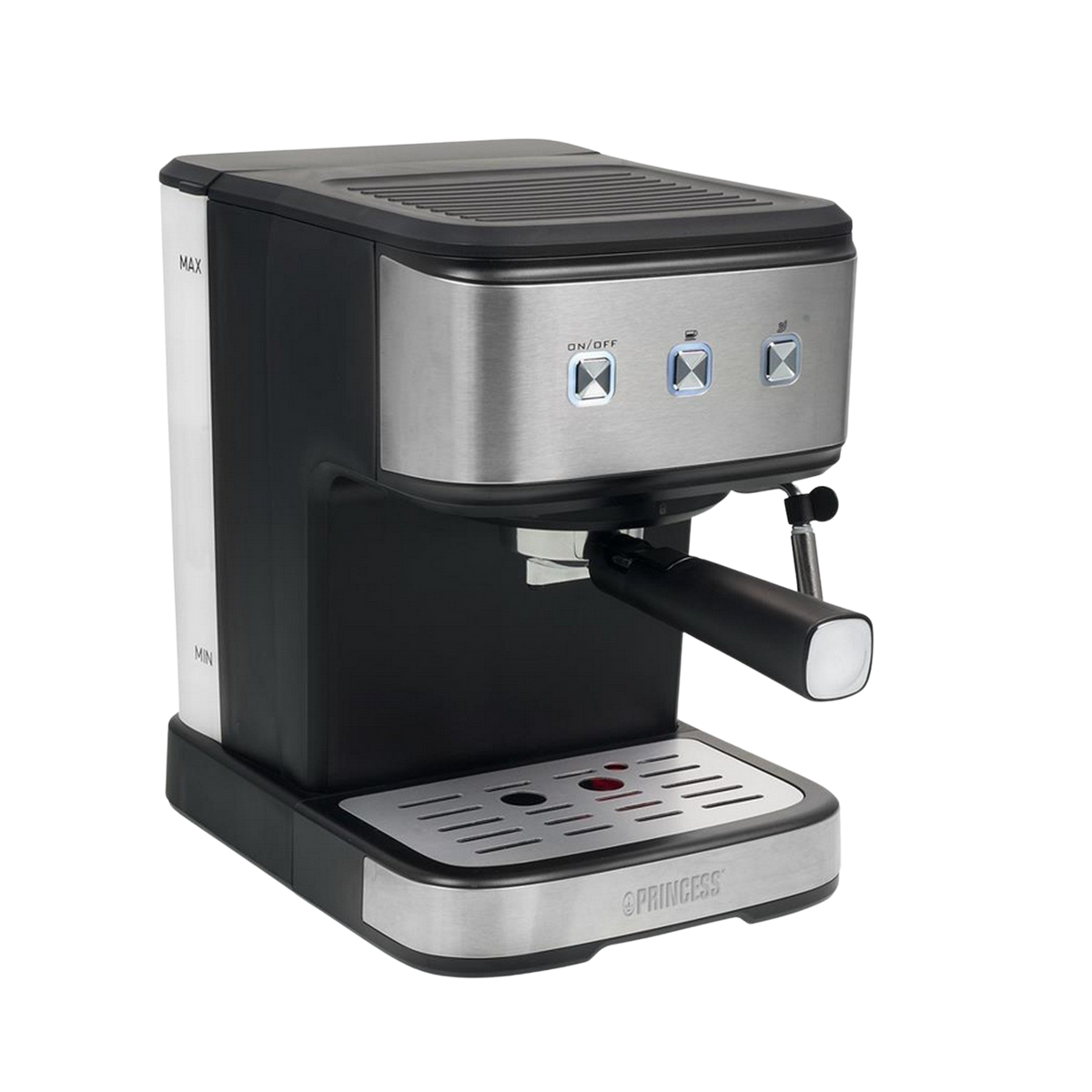 Czarno-srebrny ekspres do kawy Princess. Posiada przyciski i wylewkę do kawy.